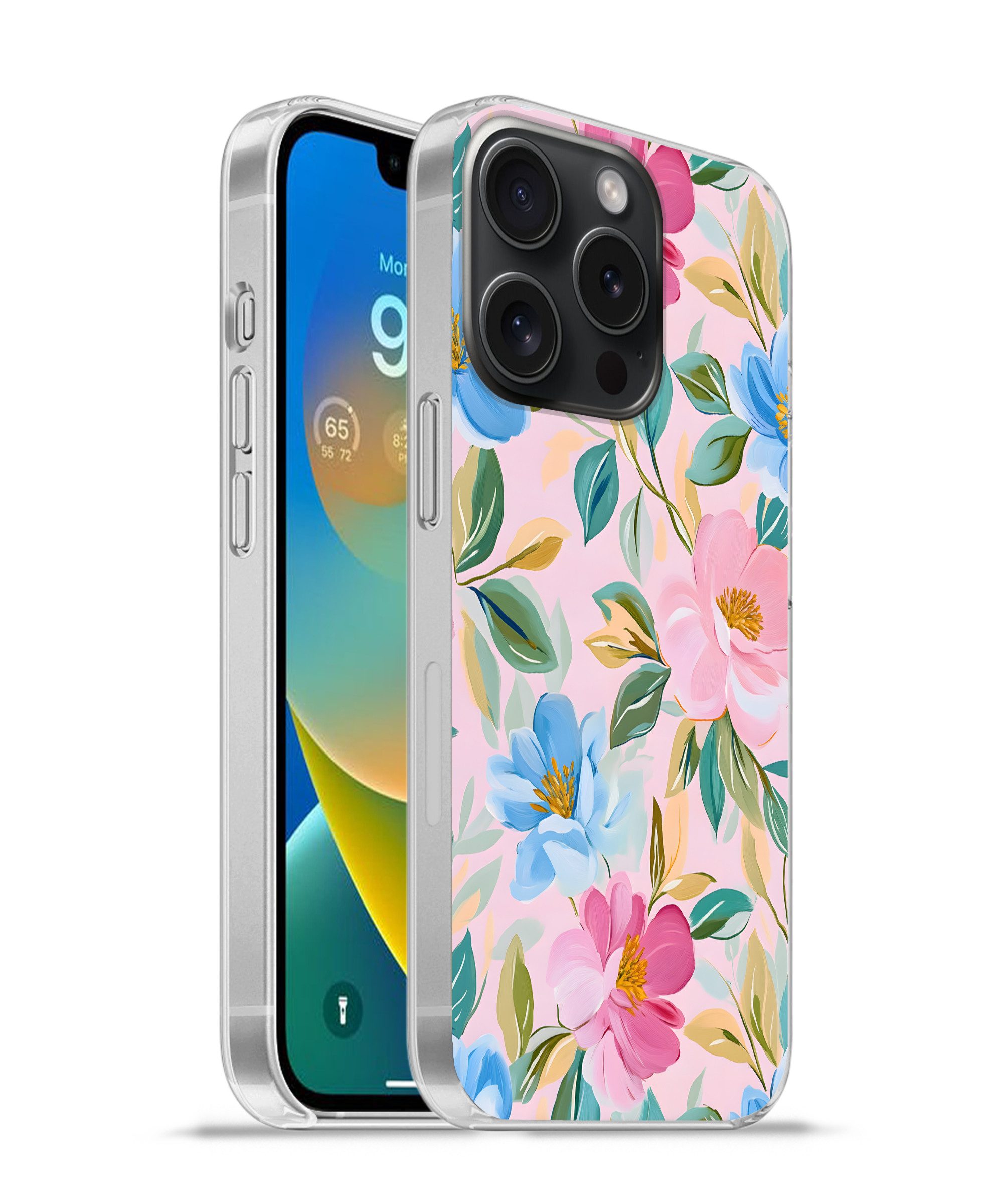 MuchoWow Handyhülle für Apple iPhone 15 Pro Blau - Rosa - Blumen, Smartphone-Bumper, Print, Handy Schutzhülle Dünn
