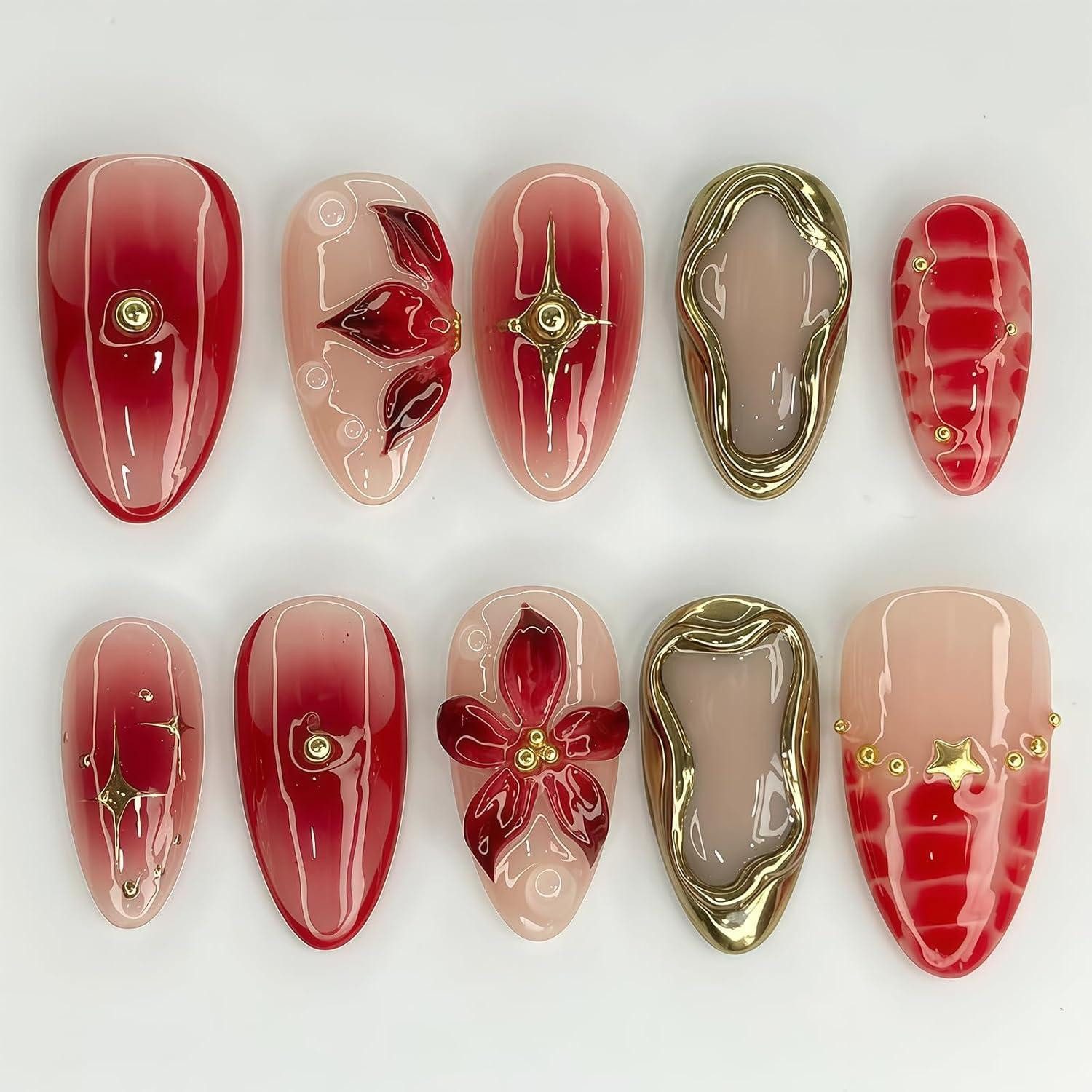 LuxusKollektion Kunstfingernägel Press On Nails 24er Almond Rot 3D Blumen Goldperlen style-2