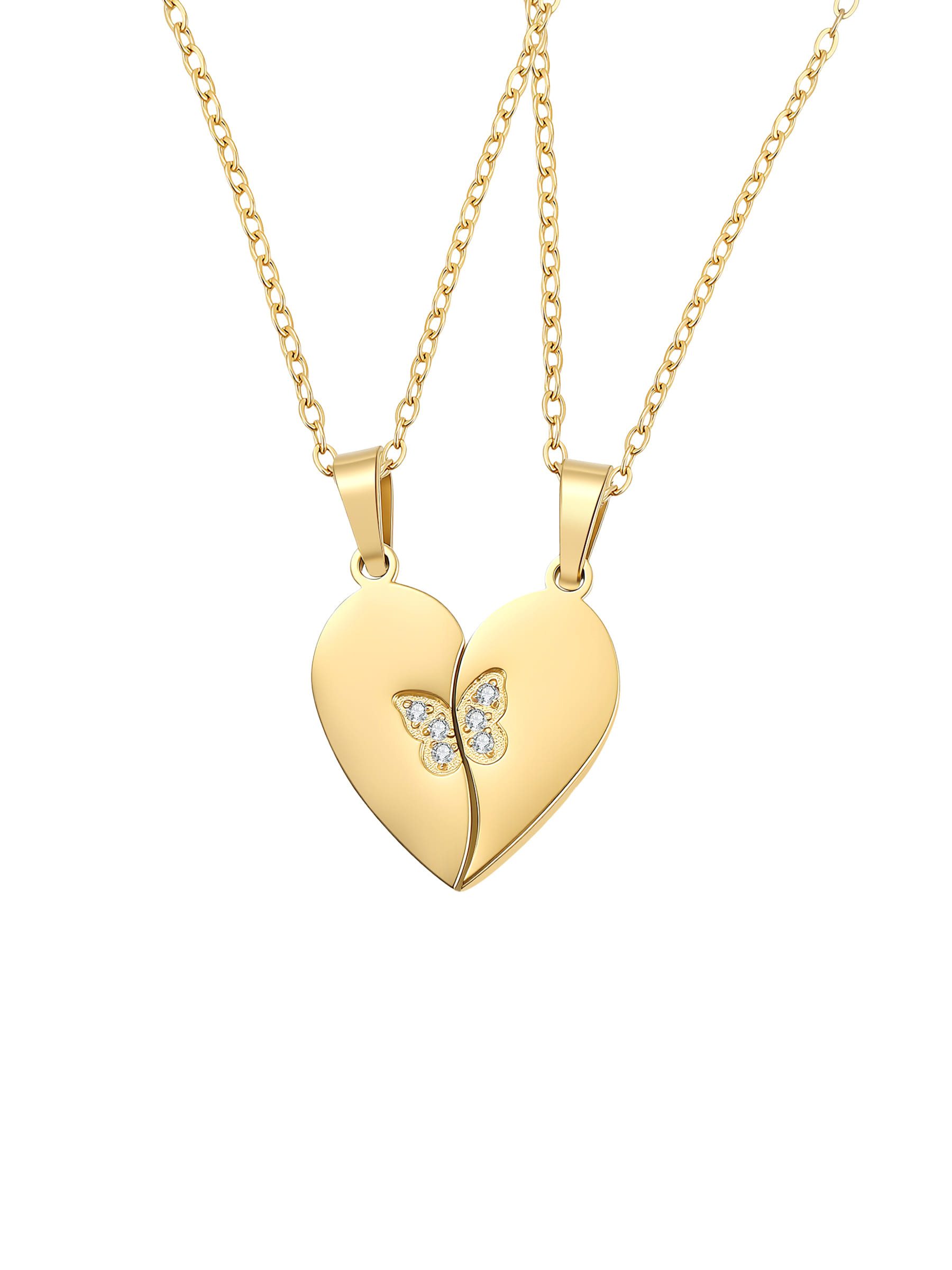 Hey Happiness Edelstahlketten-Set Schmetterling & geteiltes Herz – 2-teilige Partnerkette mit Zirkonia, wasserfeste Freundschaftskette, Damen Halskette