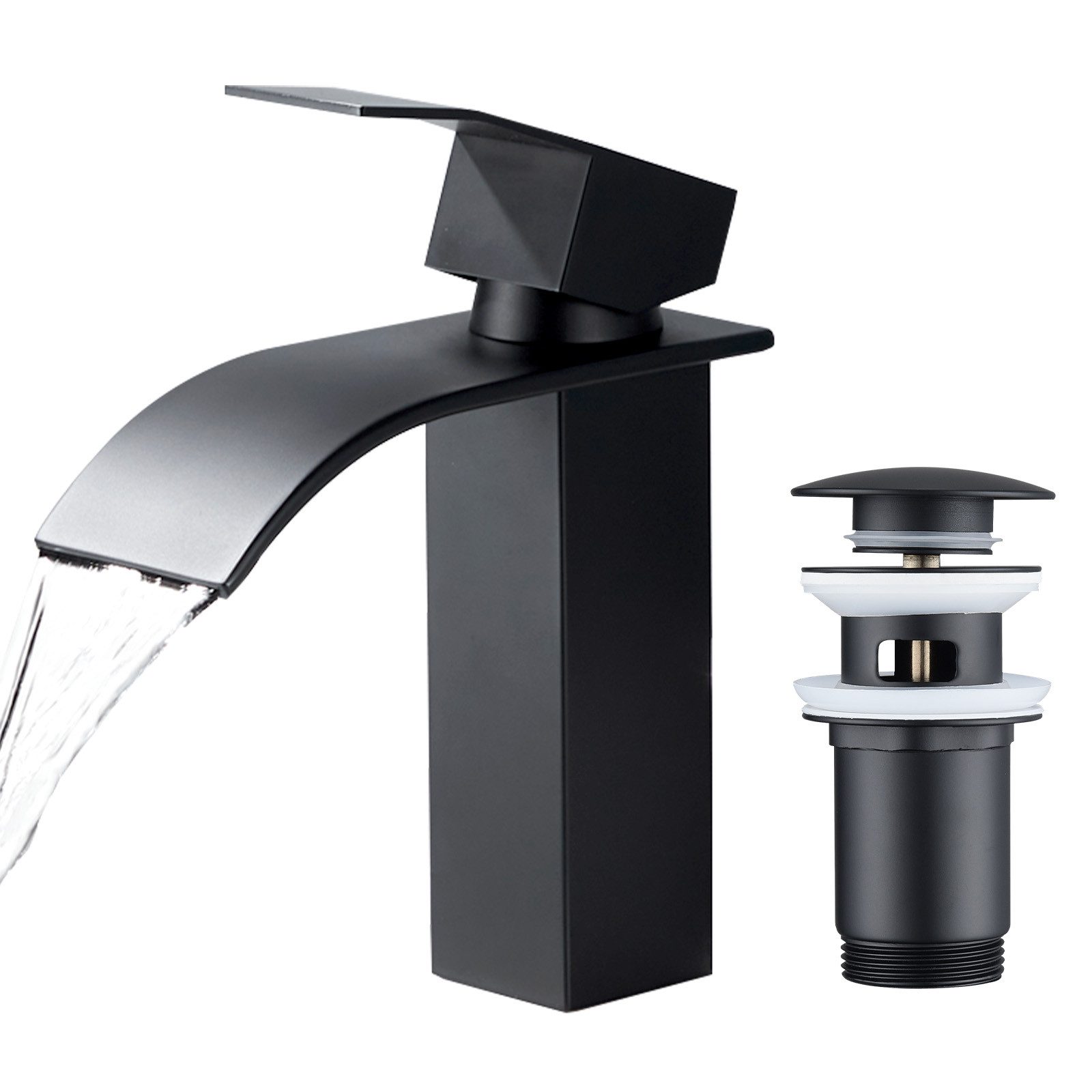 HOMELODY Waschtischarmatur Wasserfall Badarmatur Wasserhahn Badezimmer Armatur (2-St., Wasserfall WasserhahnAblaufgarnitur) +mit Pop Up Ablaufgarnitur mit Überlauf Waschbecken Armatur, Schwarz