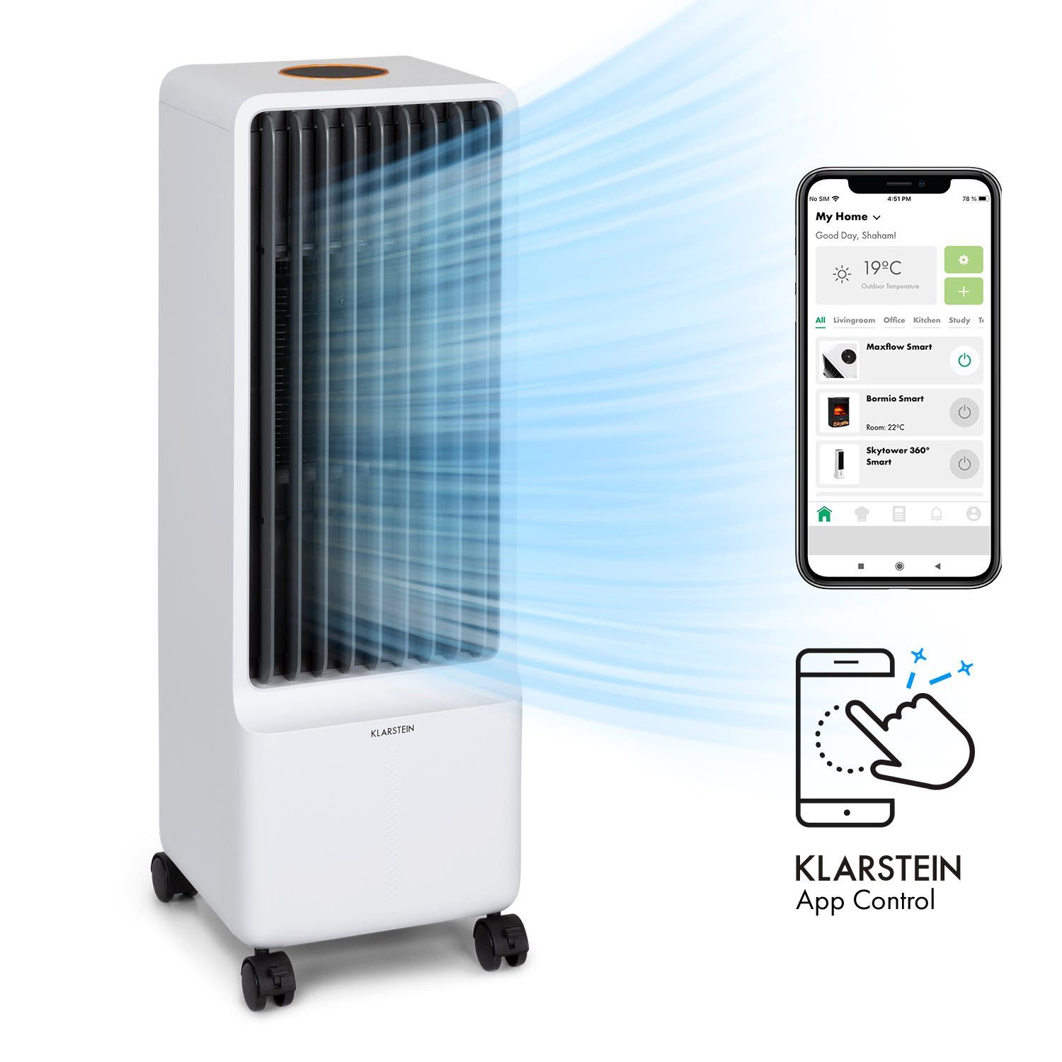Klarstein Ventilatorkombigerät Maxflow Smart 3-in-1, mit Wasserkühlung & Eis mobil Klimagerät ohne Abluftschlauch