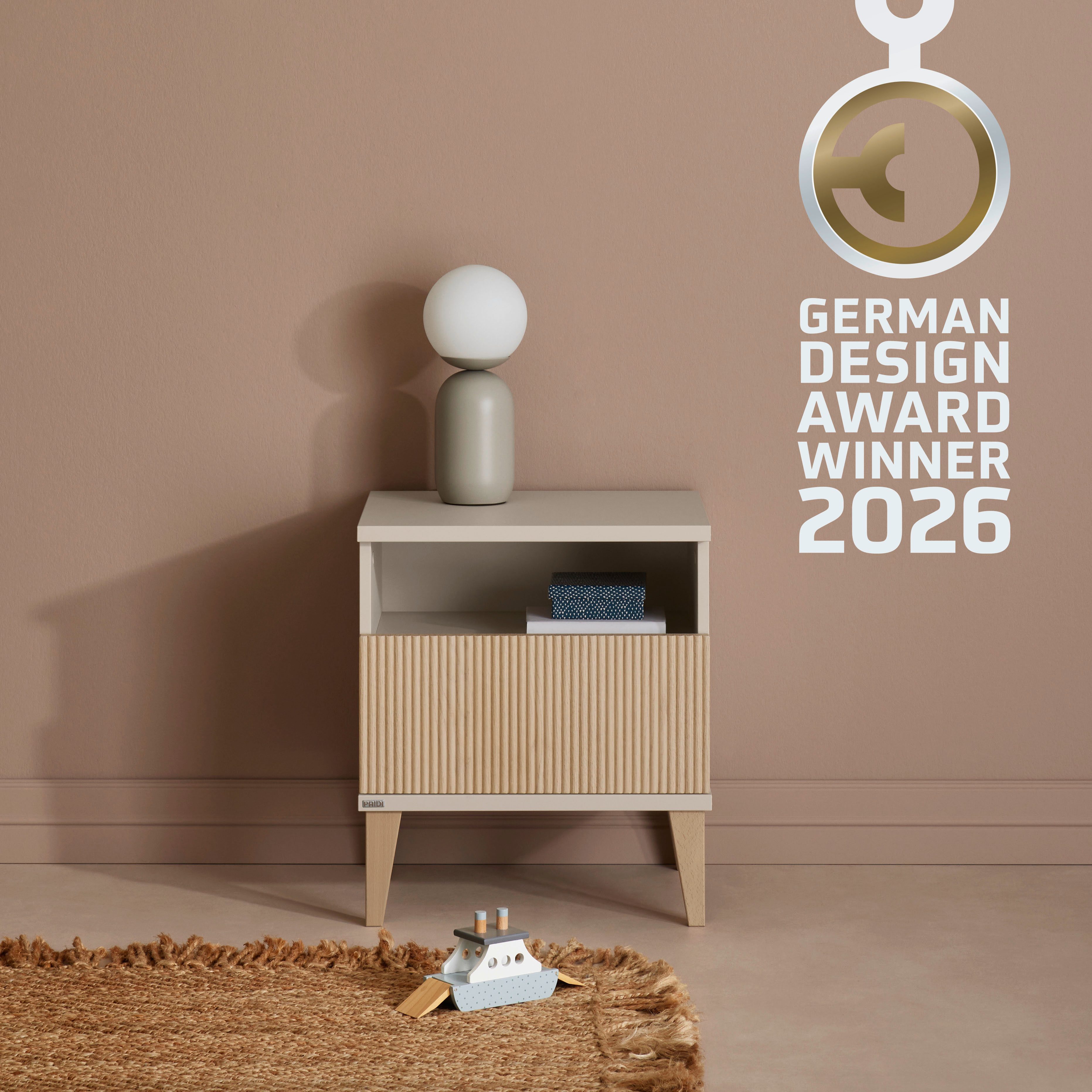 PAIDI Nachtkommode JONTE in Beige, Schublade mit Soft-Close (B/H/T ca. 48/55/40cm, Cashmere-Beige/Light Oak), moderner & stabiler Nachttisch mit Massivholz-Füßen