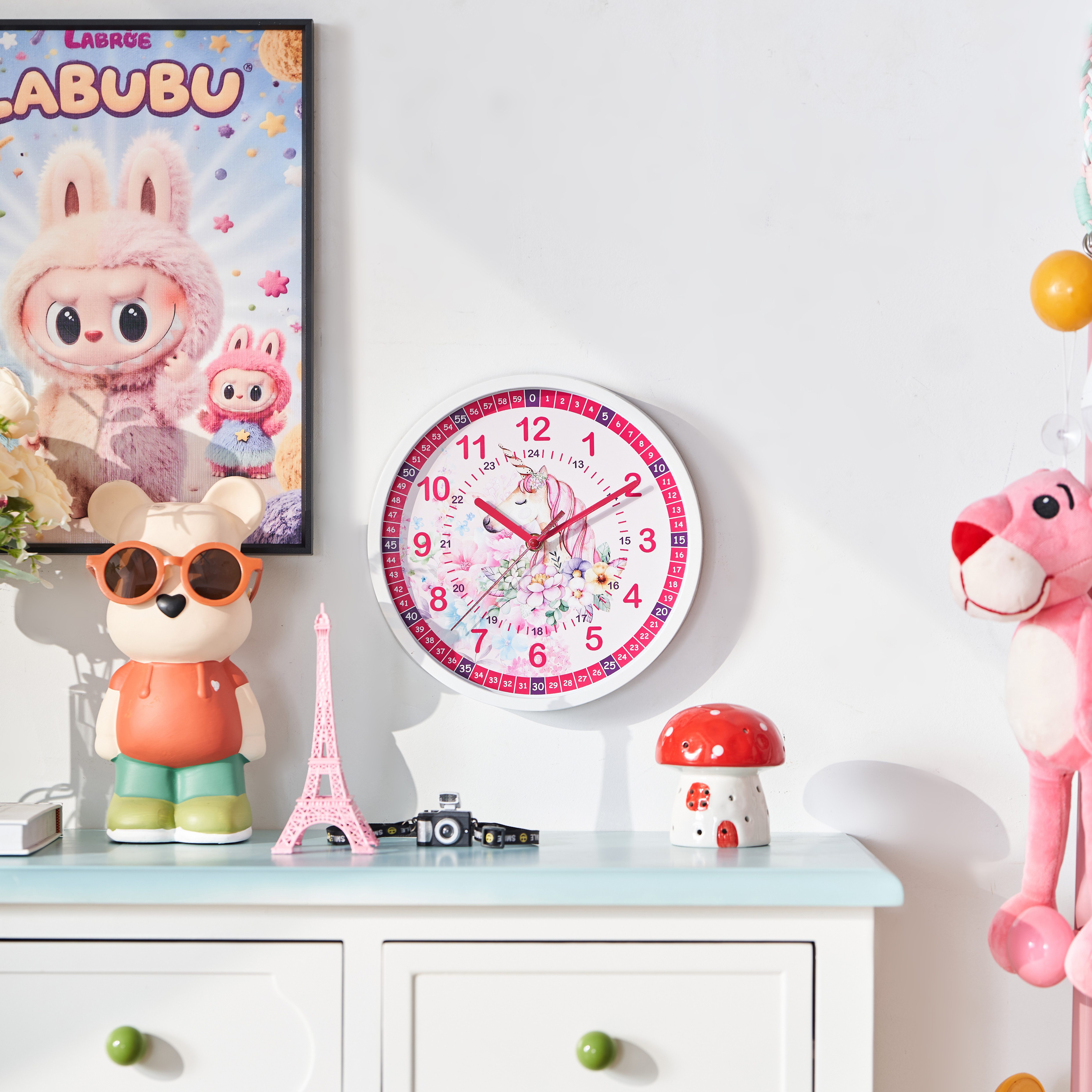 K&L Wall Art Wanduhr Mädchen Geschenk-Set: Rosa Einhorn Wanduhr + Armbanduhr + Mäppchen (stilles Uhrwerk ohne Ticken)