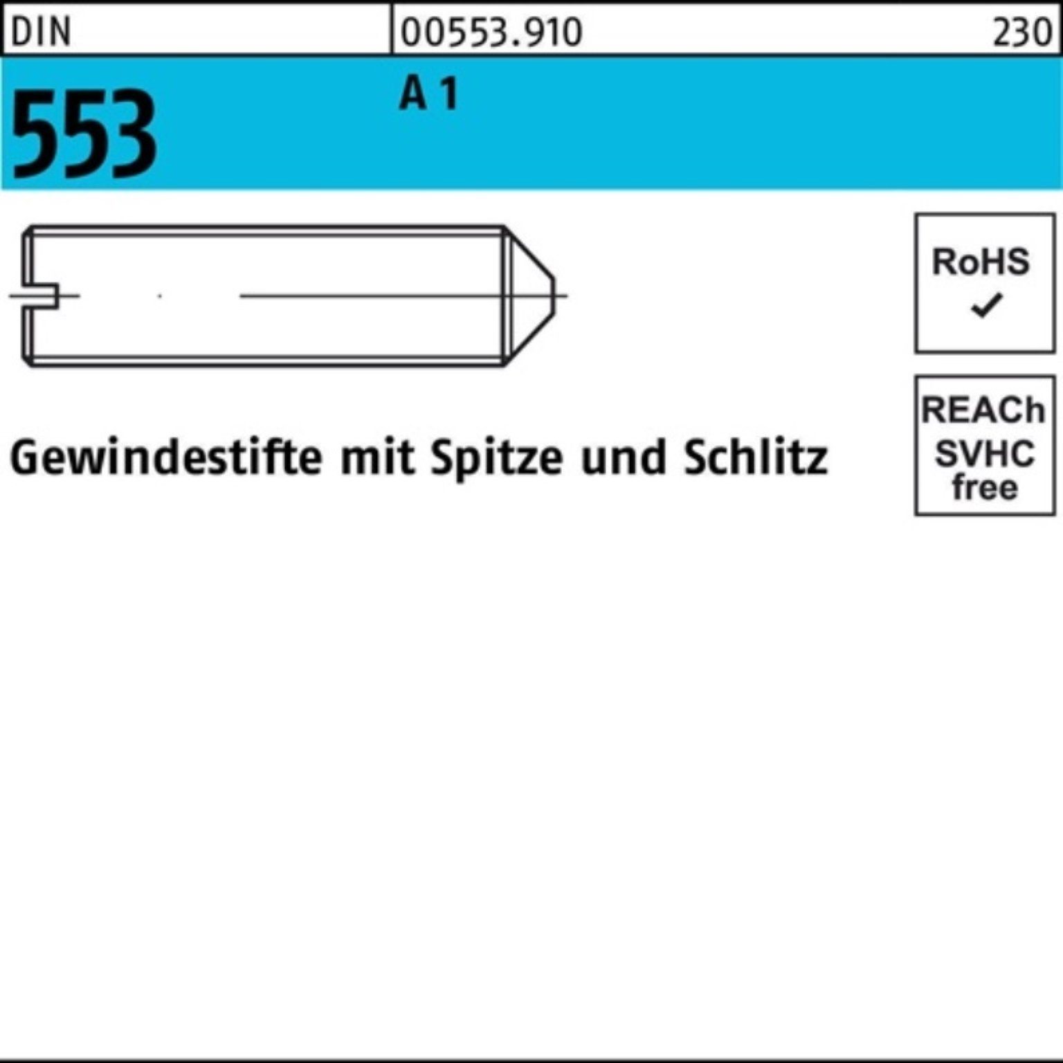 Gewindebolzen 553 25 6 DIN A1/1.4305 100er Gewindestift Schlitz/Spitze Stü Reyher Pack M6x