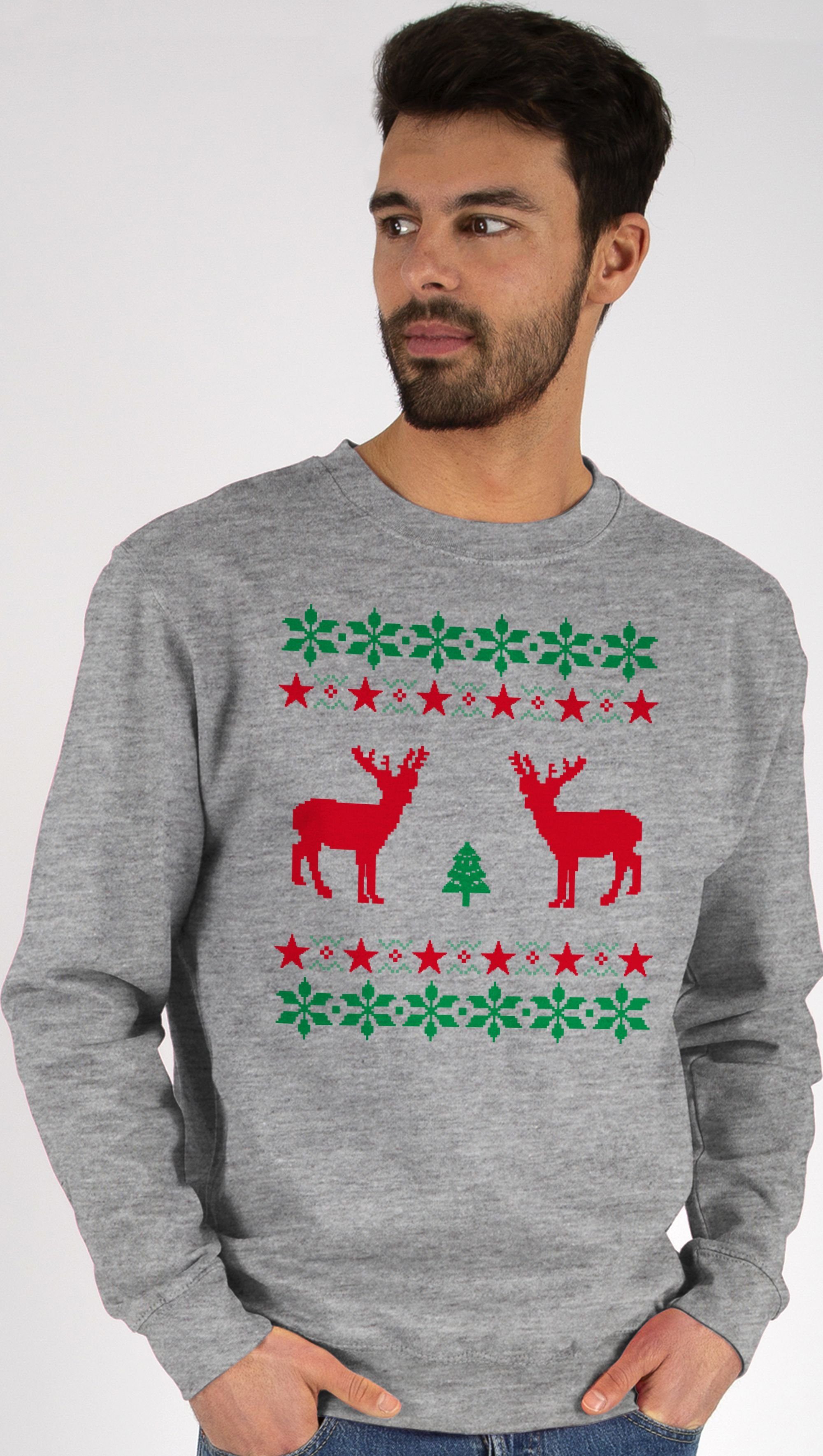 Shirtracer Sweatshirt Norweger Pixel Rentier Weihnachten (1-tlg) Weihachten Kleidung 3 Grau meliert