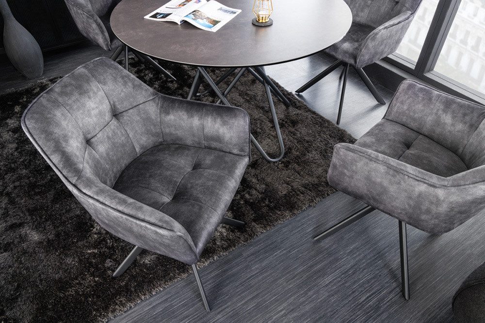 riess-ambiente Esszimmerstuhl LOFT dunkelgrau/schwarz – Samt, drehbar, Metall-Füße, mit Armlehne (Einzelartikel, 1 St), mit 180° Drehfunktion und Autoreturn – ideal für Dein Esszimmer
