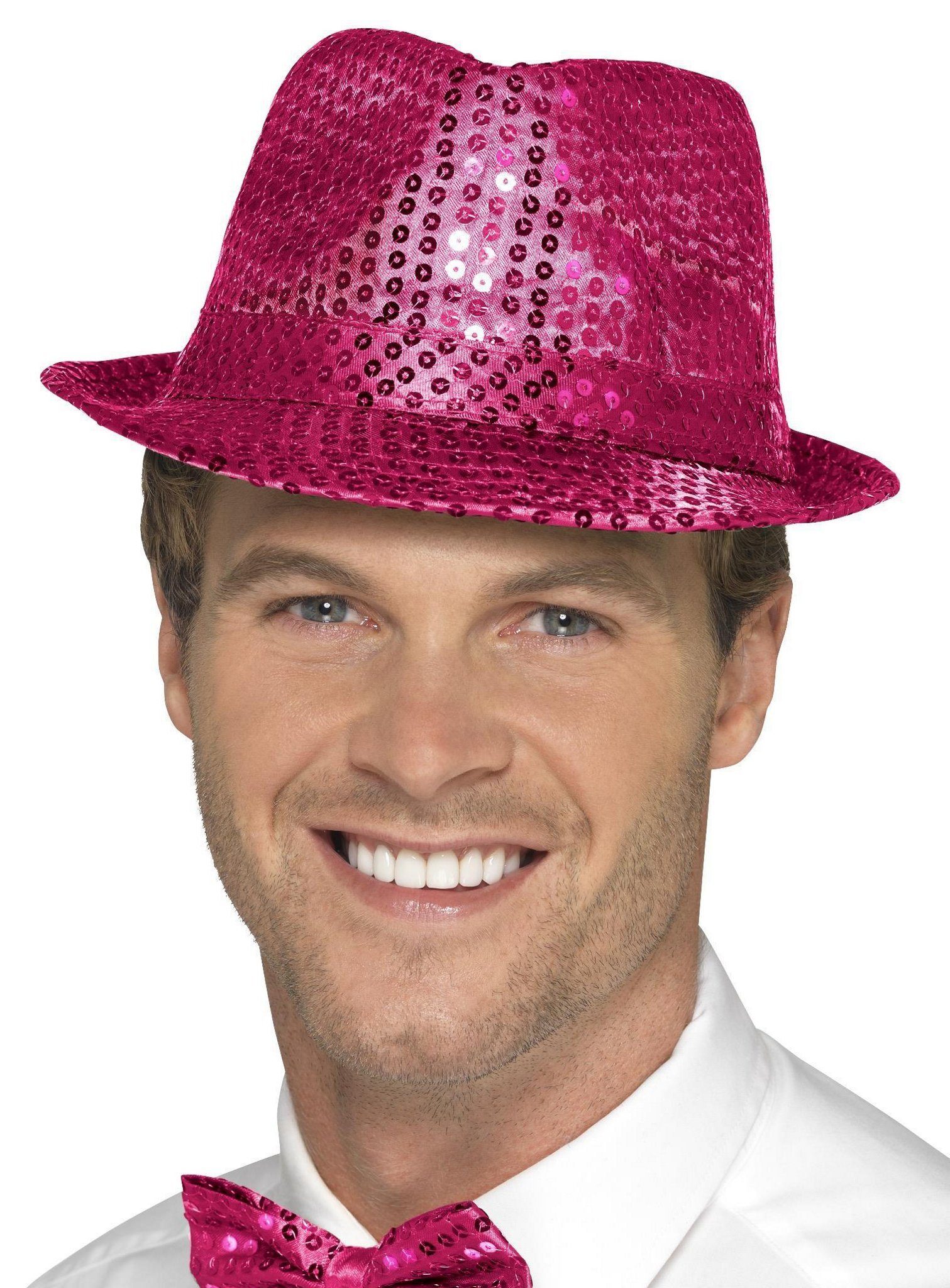 Smiffys Kostüm Glitzerhut pink, Paillettenhut für Silvester, Bühne oder Showeinlage