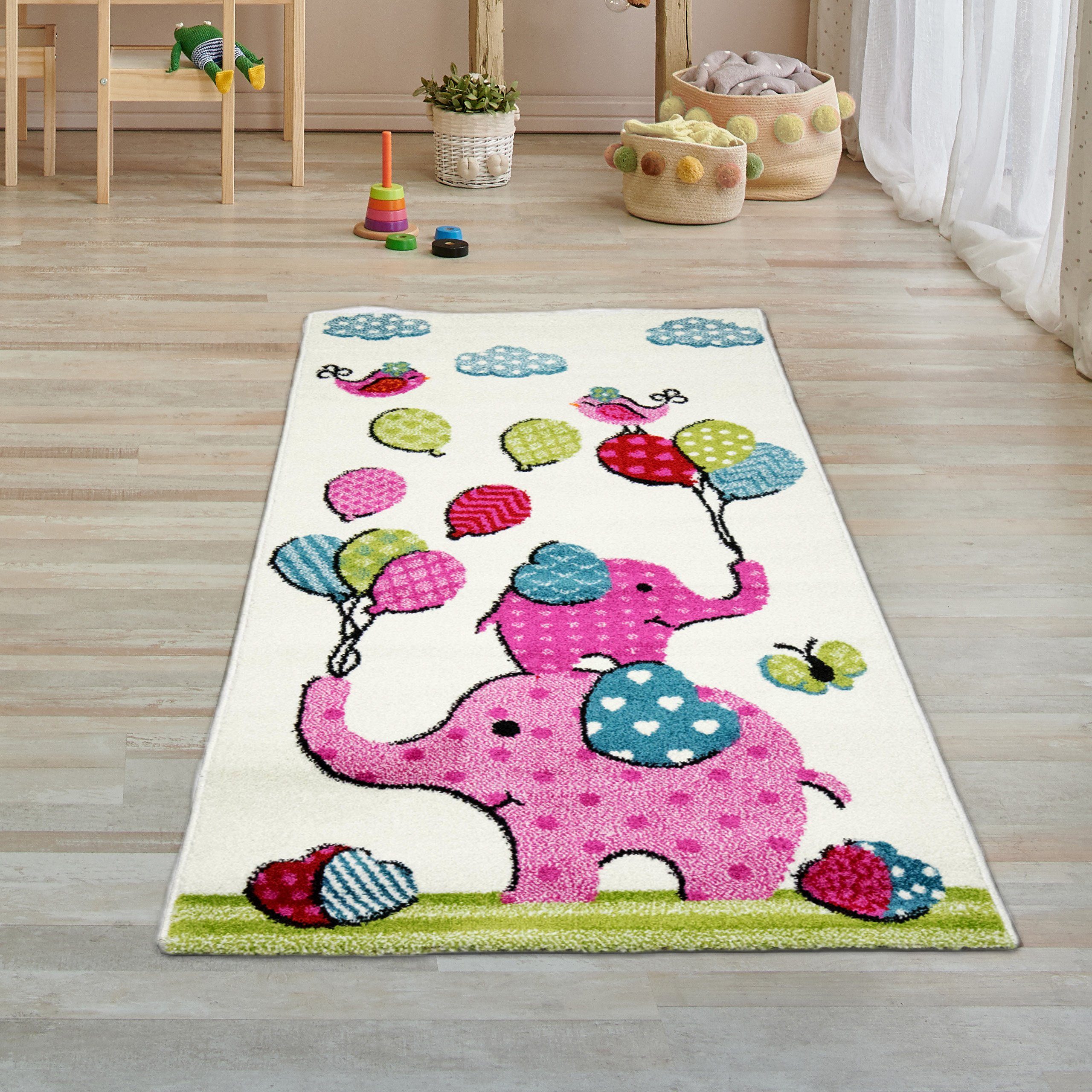 rechteckig in süßen Kinderzimmer-Teppich mit Teppich-Traum, Elefanten, rosa, Kinderteppich creme,