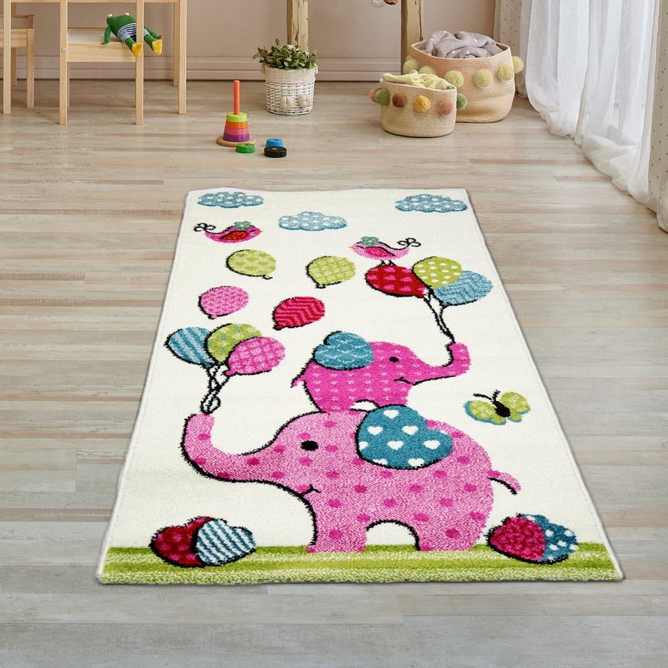 Kinderteppich Kinderzimmer-Teppich mit süßen Elefanten, in creme, rosa,  Teppich-Traum, rechteckig