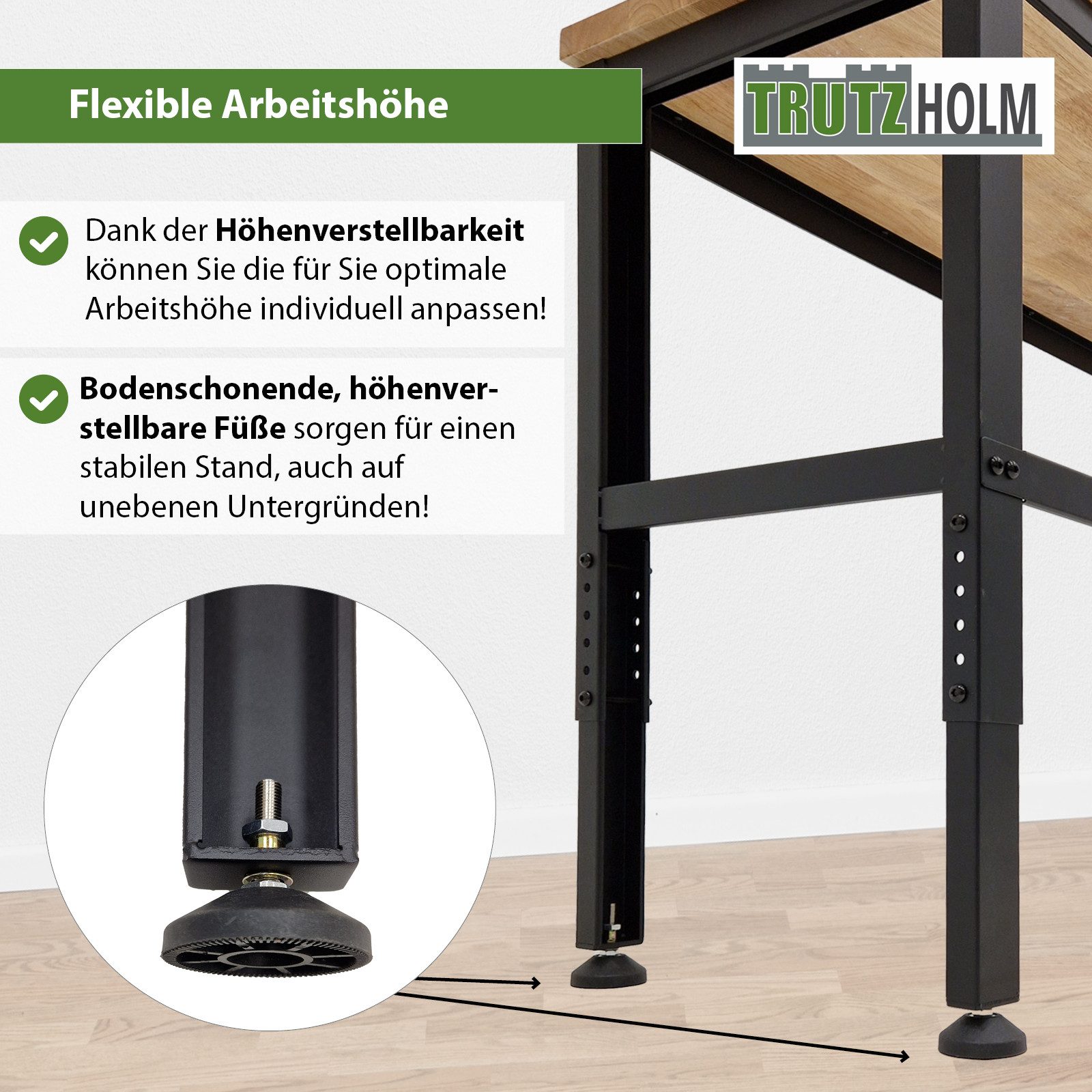TRUTZHOLM Werkbank höhenverstellbar 135x46x88-97 cm 300kg Hartholz Werktisch Arbeitstisch, (1-tlg), Stahlgestell