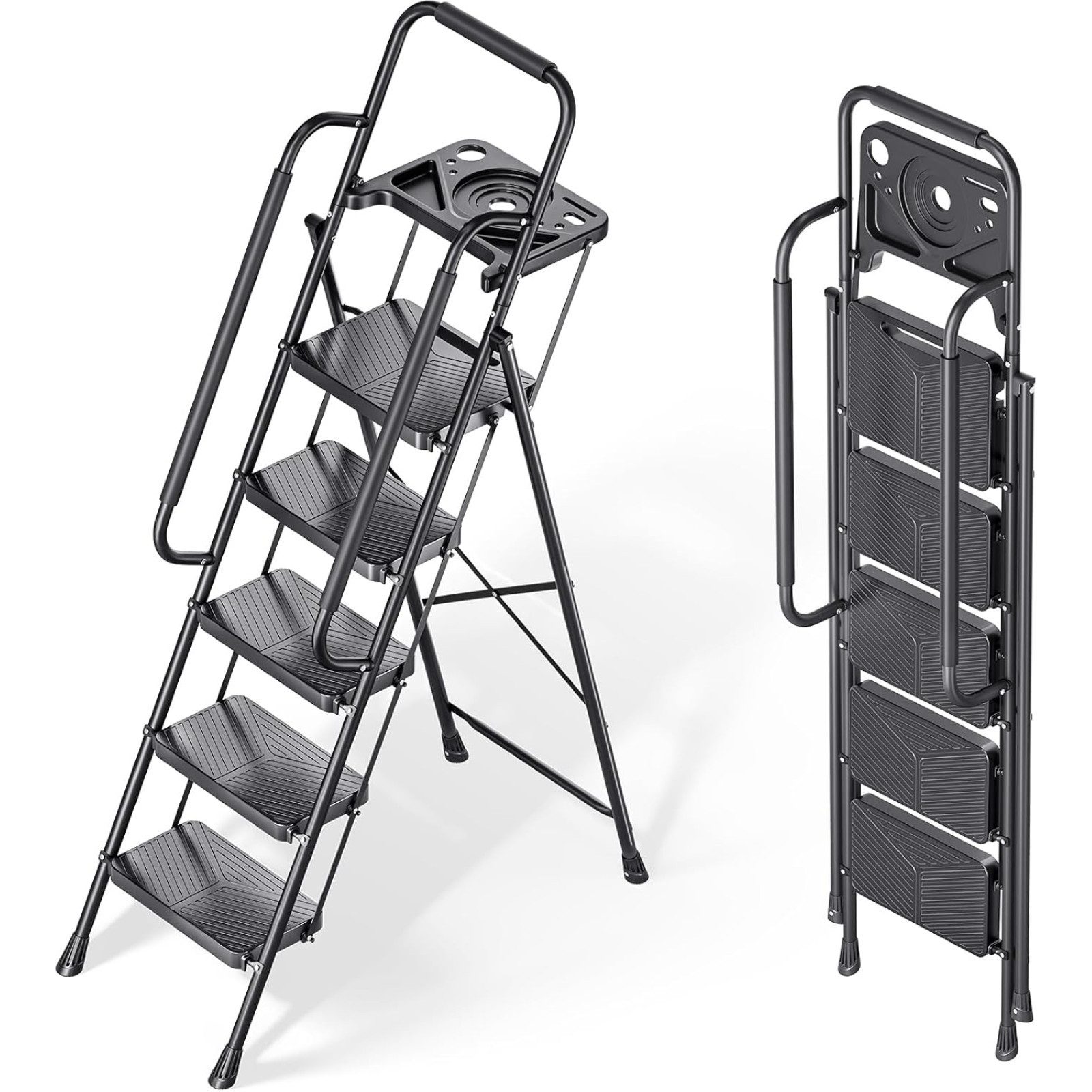 KINGRACK Trittleiter klappbare Stahl-Trittleiter mit Safe-Lock & rutschfesten Pedalen (1-St), 5-stufige Trittleiter mit praktischem Handlauf, stabil & belastbar