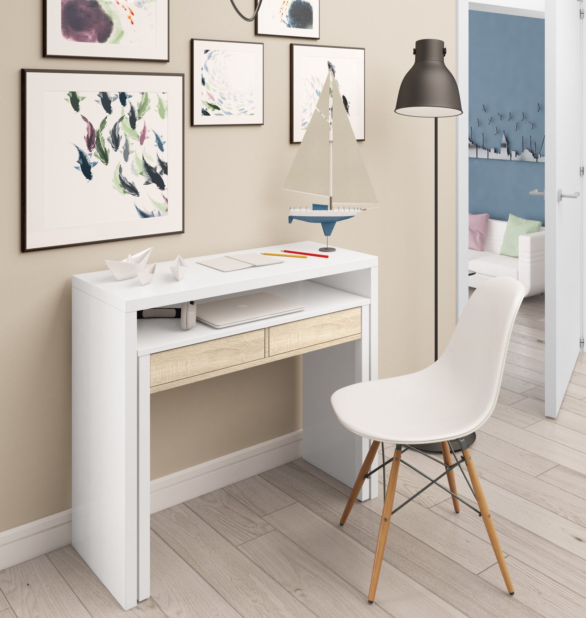 habeig Regal-Schreibtisch Schreibtisch + Kommode ausziehbar Design 100cm Flurschrank, ausziehbar