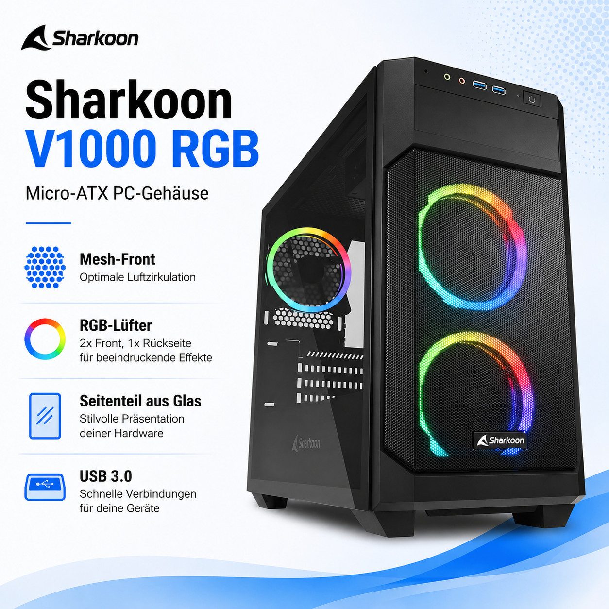 Sharkoon PC-Gehäuse V1000 PC Gehäuse Micro-Tower Gaming Computergehäuse RGB Micro ATX, RGB Gaming Gehäuse Computergehäuse Micro PC Computer Gaming Tower