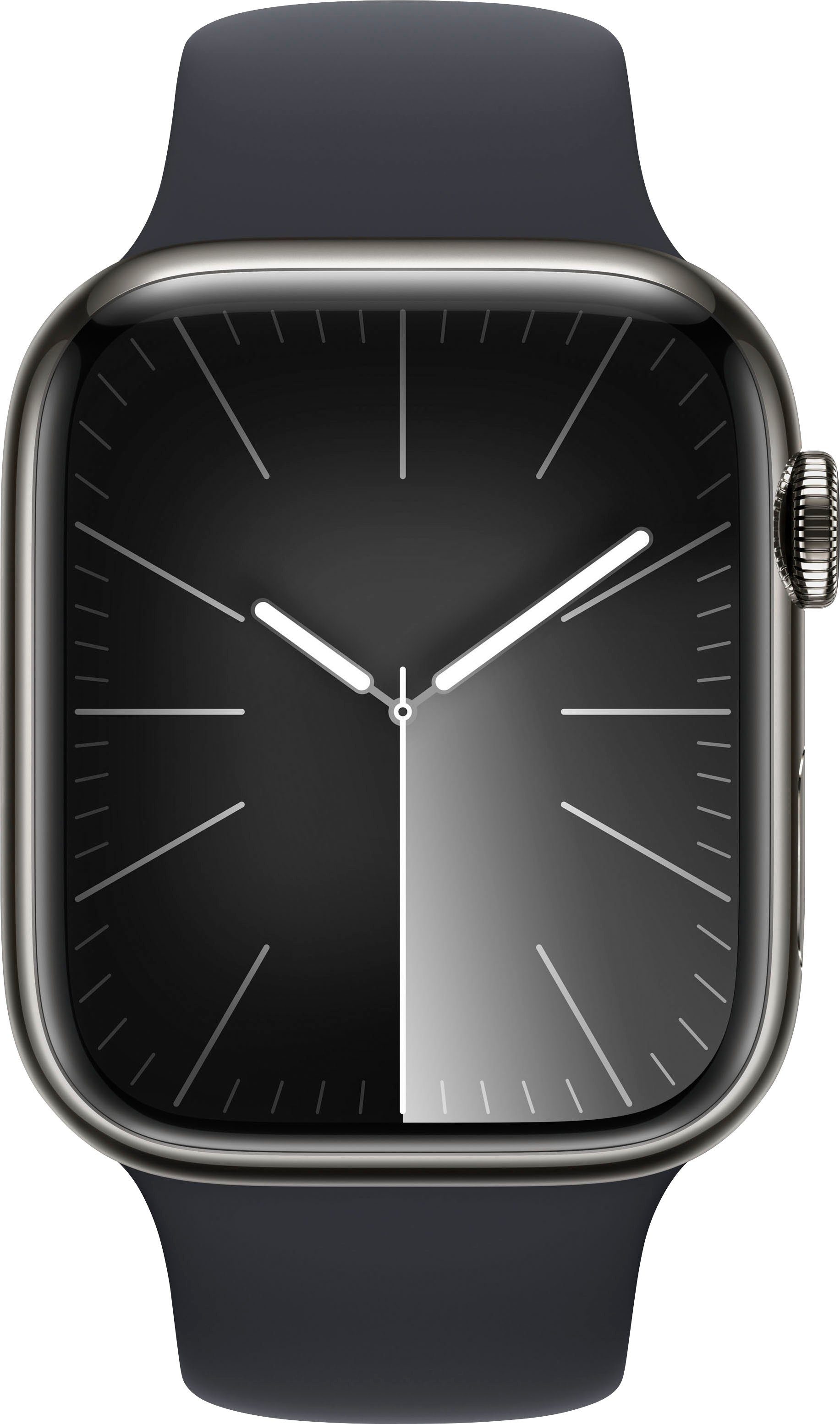 Apple Watch Series 9 Smartwatch Midnight Band Steel + 45mm Watch OS 10), Cellular M/L cm/1,77 (4,5 | graphite GPS Zoll, Stainless Sport