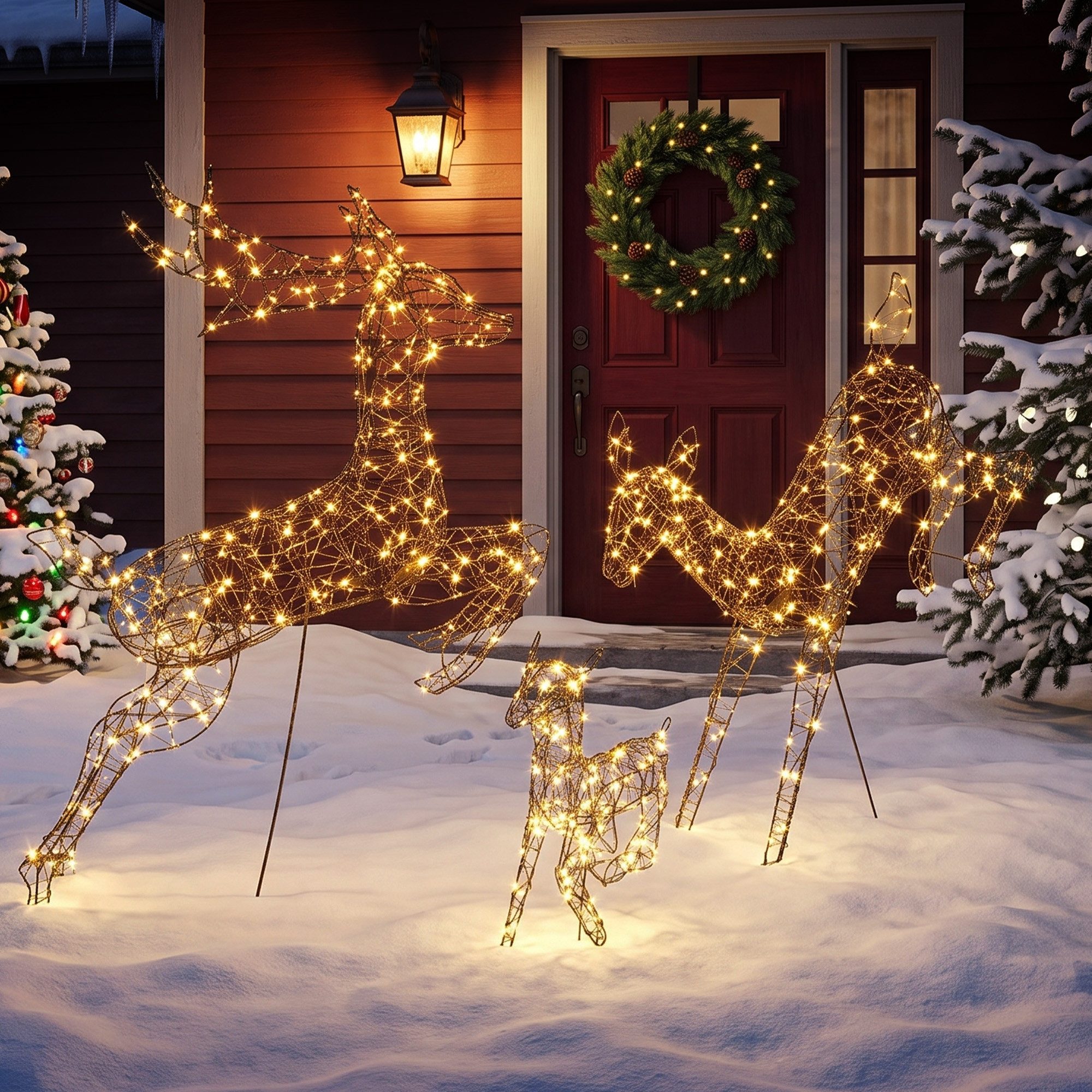 Outsunny Weihnachtsfigur Weihnachtsfigur aus Kunstrattan für Innen und Außen, 3er Set (Set, 3 St., 3tlg), 200 LEDs, 8 Modi, Timer, IP44, 5 m Kabel