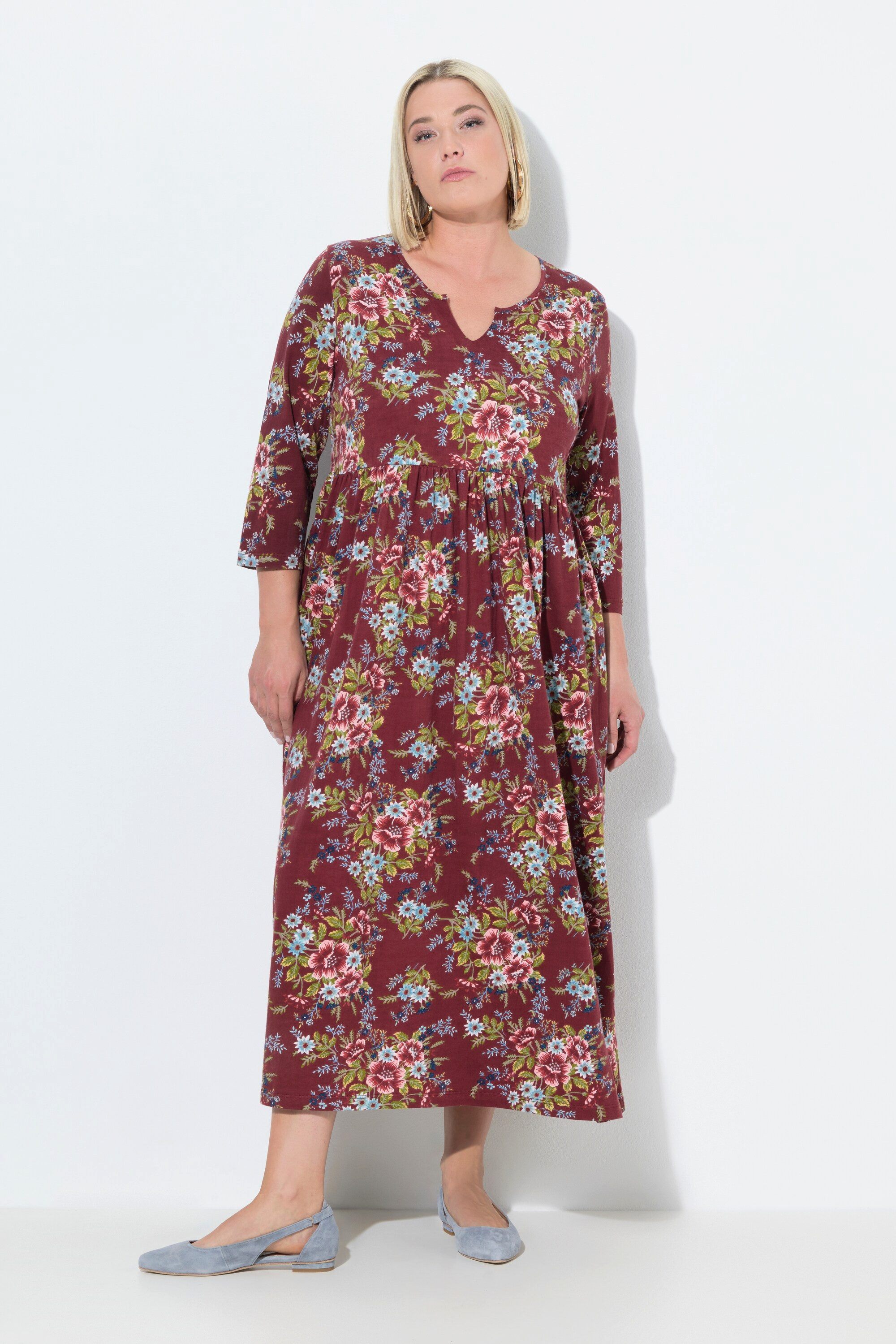 Maxikleid Jersey-Maxikleid Blüten A-Linie Tunika-Ausschnitt