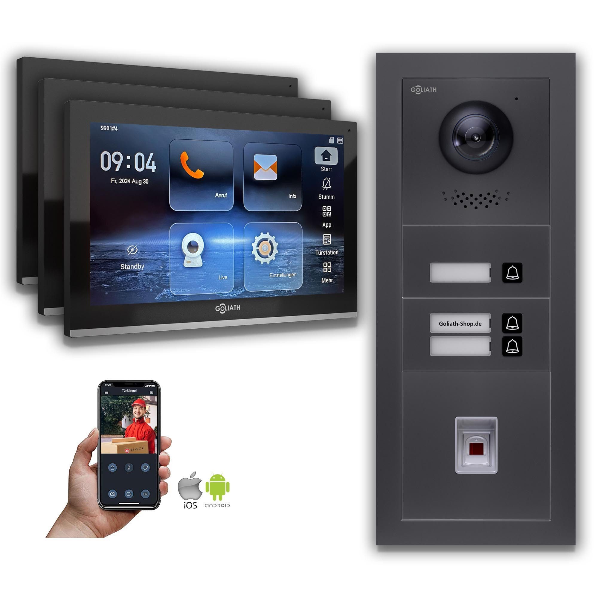 Goliath Intercom Video-Türsprechanlage Goliath IP Video Türsprechanlage: 10-Zoll 3 Familienhaus, Fingerprint, (Privat oder Gewerblich)