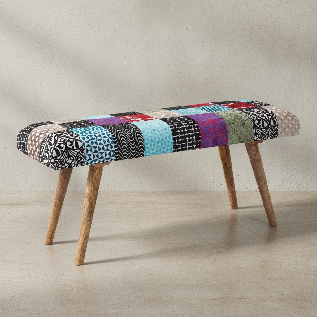 KADIMA DESIGN Sitzbank Sitzbank Samt / Massivholz Bank Bunt 117x51x38 cm Bettbank Patchwork, (Flurbank ohne Lehne), Design Polsterbank Flur Modern, Gepolsterte Stoffbank Esszimmer