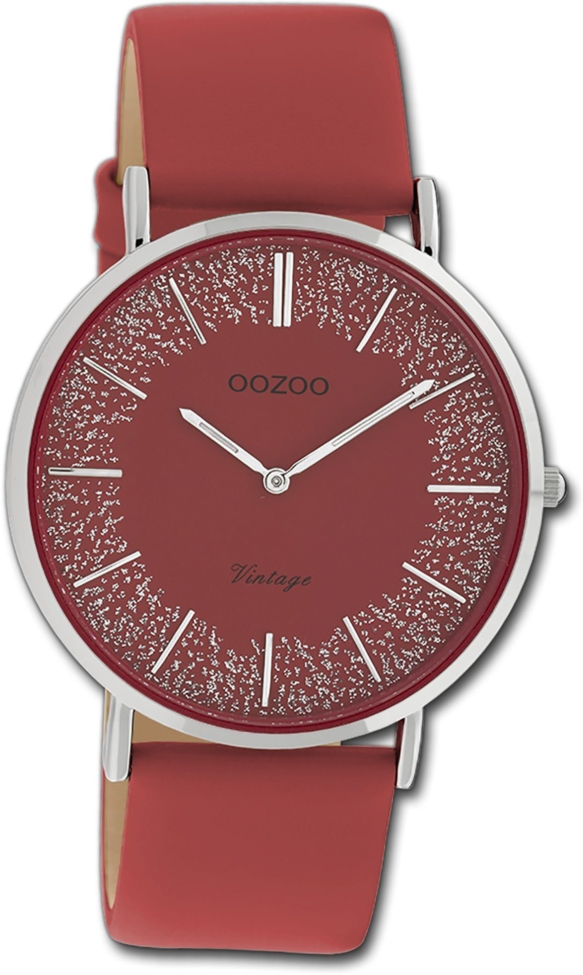 OOZOO Quarzuhr Oozoo Damen Armbanduhr Ultra Slim, Damenuhr Lederarmband rot, rundes Gehäuse, groß (ca. 40mm)