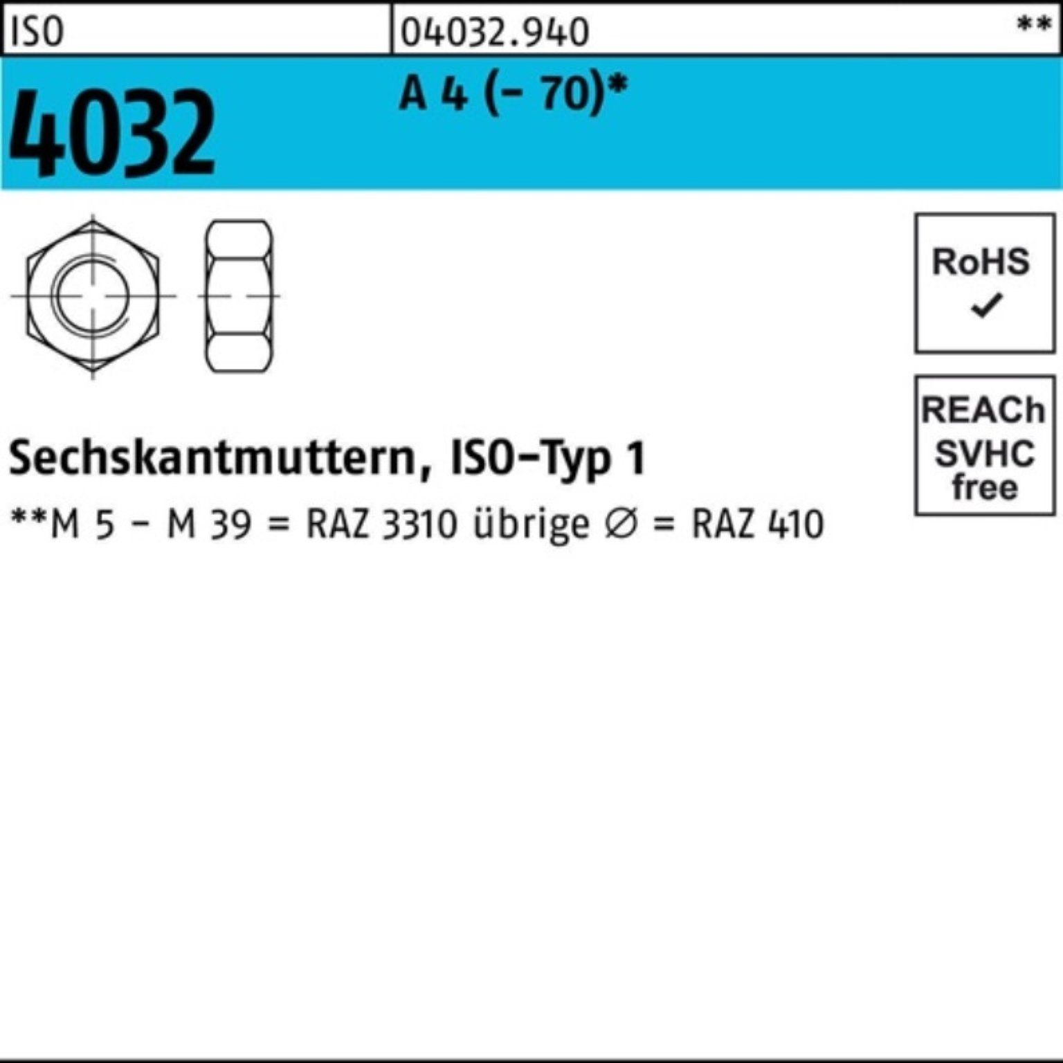 Bufab Muttern 250er Pack Sechskantmutter ISO 4032 M10 A 4 (70) 250 Stück ISO 4032