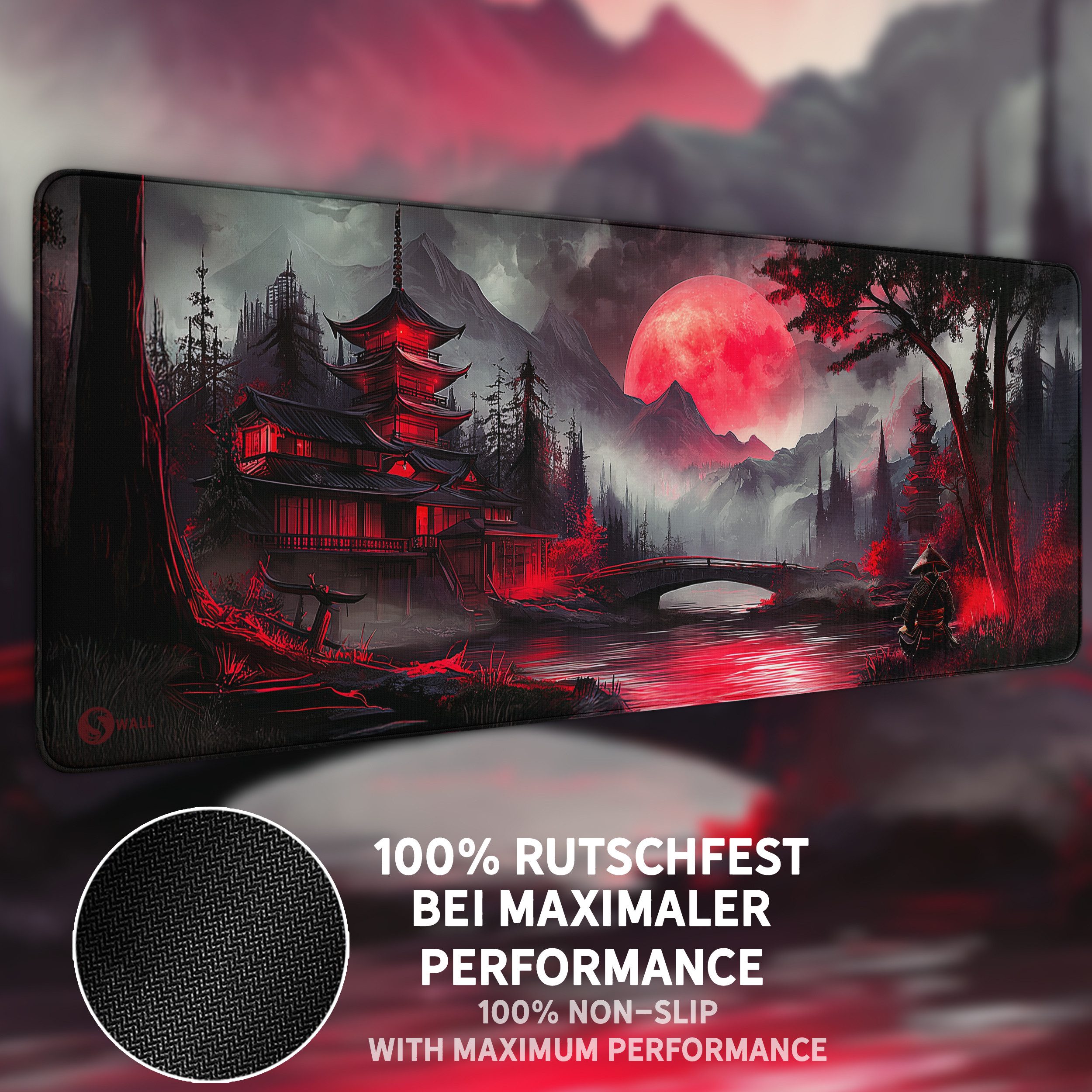 Sunnywall Gaming Mauspad Speed Mousepad XXL Premium 4 mm - Red Moon Mond Japan Tempel (inkl. Wallpaper), 45x40, 80x30, 90x40 cm, rutschfest, vernähte Ränder, Ti – Bild 5 von 5
