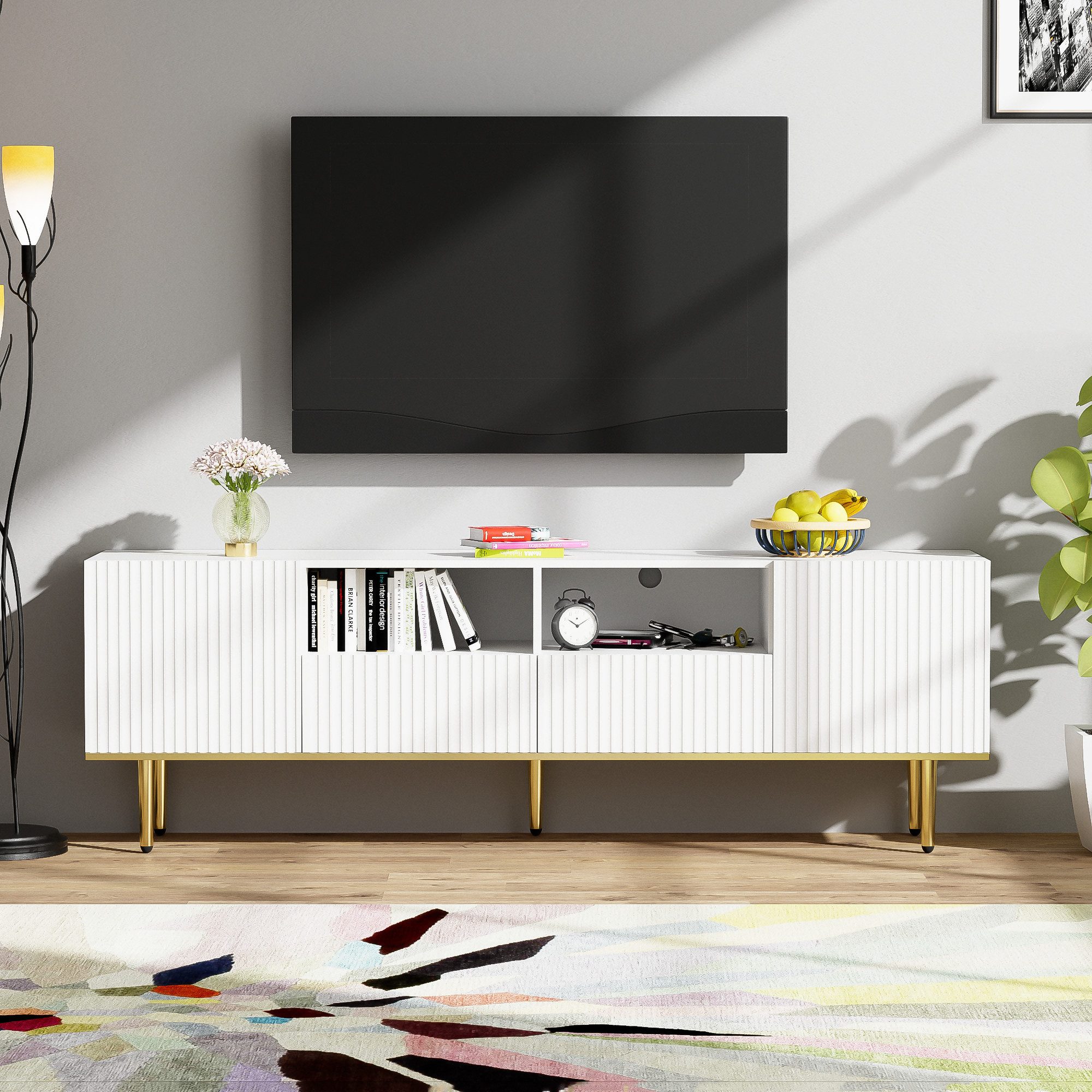 IDEASY TV-Board TV-Schrank,Wohnzimmermöbel,TV-Möbel mit goldenen Füßen (165*36*55cm, zwei Fächern und zwei Schubladen,Spanplatte), Kabelaufbewahrung, Vertikale Streifen