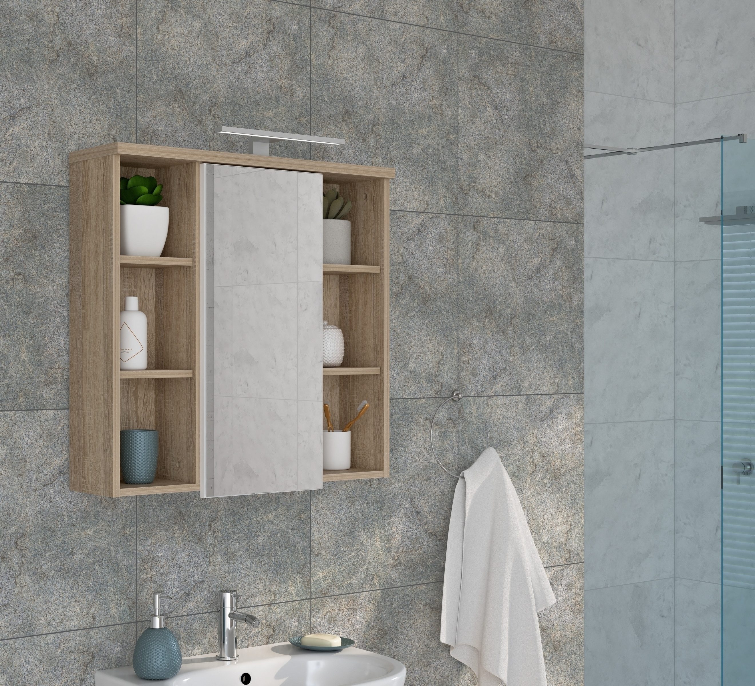 freiraum Badezimmerspiegelschrank Veris LED-Beleuchtung, Spiegel, Sonoma Ei günstig online kaufen