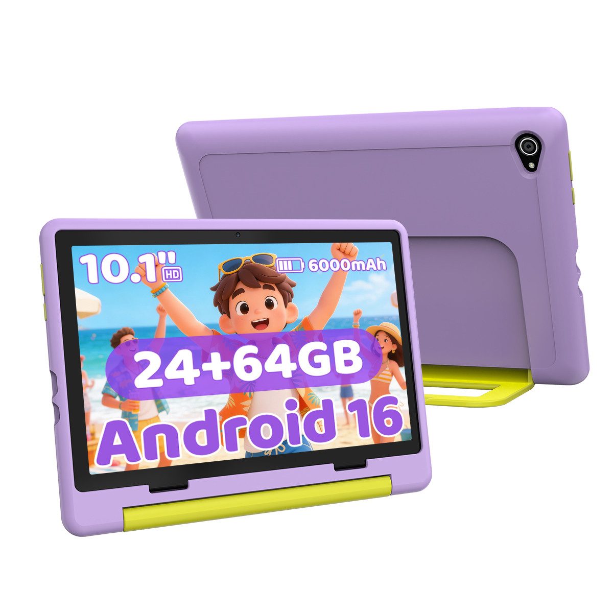Happybe 10 Zoll 64GB/128GB Android 16 mit Hülle Kindersicherung WLAN Kinder Tablet (10.1", 64 GB, Android, 24(3+21)GB RAM, 6000 mAh)