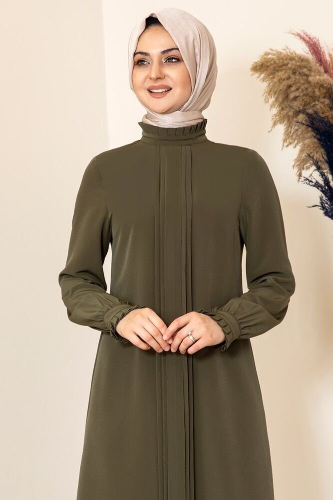 Modavitrini Longtunika Damen Tunika gerippte Modest Tunika Hijab Tunika lange Fashion Kragen Khaki mit
