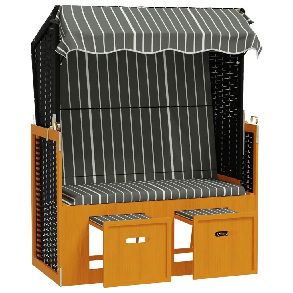 Grau, Rattan Grau Strandkorb & St. Massivholz und Gartenliege und mit Schwarz 1 vidaXL Schwarz Poly Dach