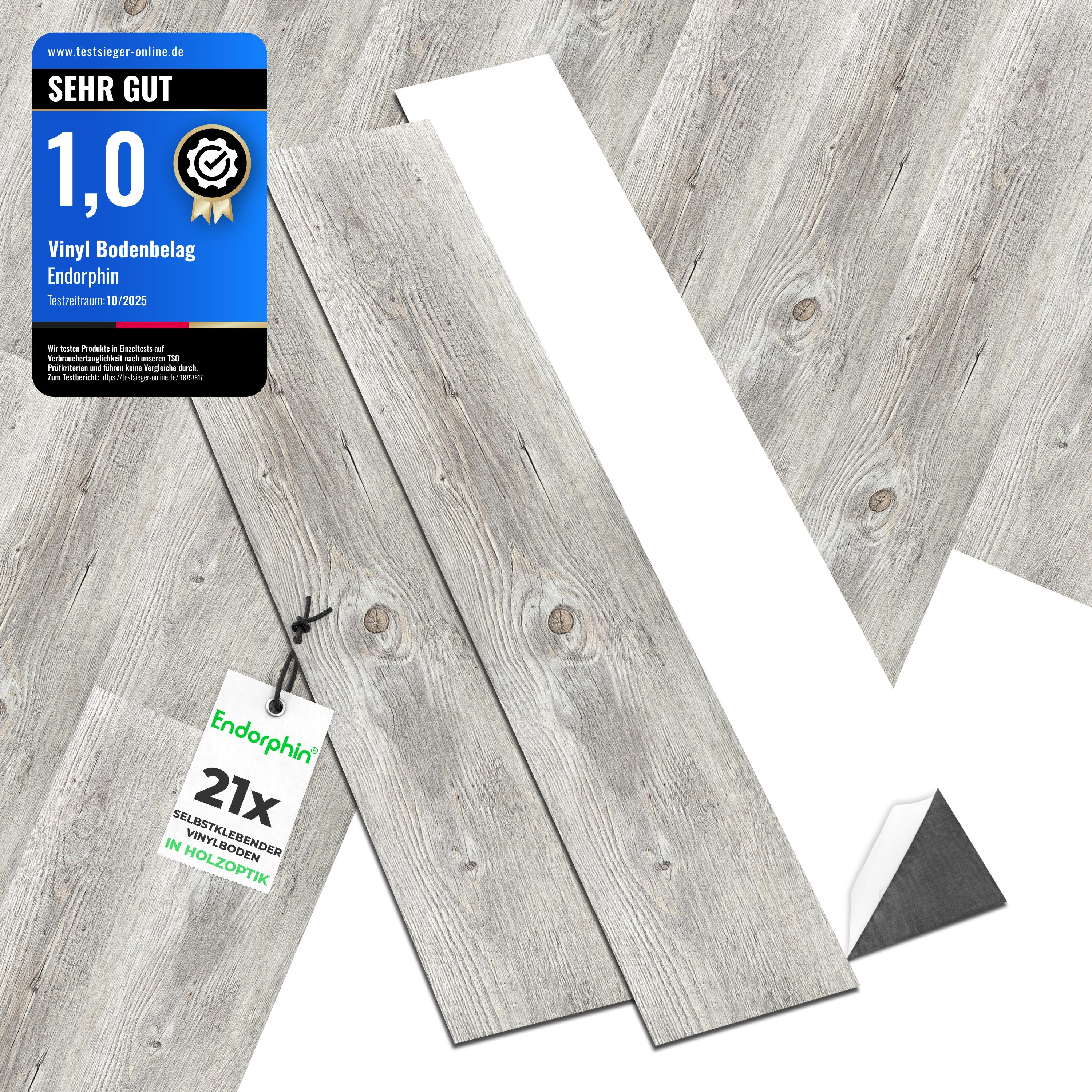 Endorphin Vinylboden Vinylboden selbstklebend in Holzoptik Beigegrau 2,93qm, selbstklebend, aus recyceltem Material, mit fühlbarer Oberfläche