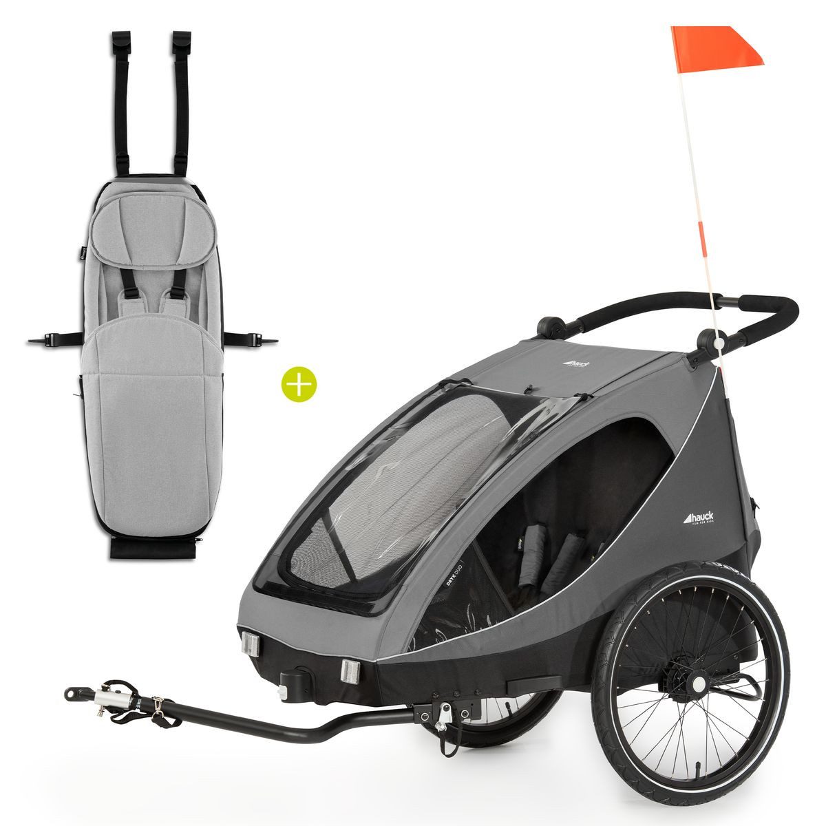 Hauck Fahrradkinderanhänger Dryk Duo Set - Grey, 2in1 Fahrradanhänger Buggy für 2 Kinder bis 44 kg mit Babysitz Lounger