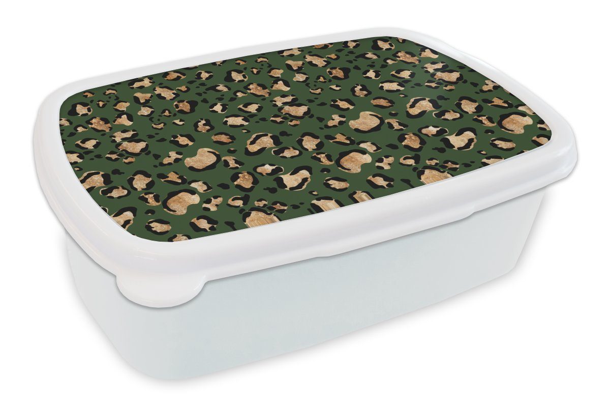 MuchoWow Lunchbox Panther - Gold - Muster - Luxus, Kunststoff, (2-tlg), Brotbox für Kinder und Erwachsene, Brotdose, für Jungs und Mädchen weiß
