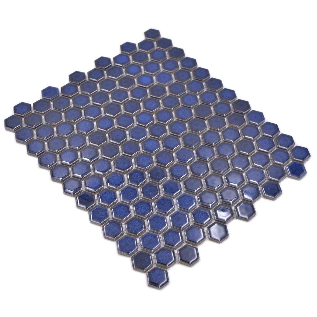 Mosafil Mosaikfliesen Keramikmosaik Fliesen Salomon Hexagon H23, Keramik 30.000x26.000, blau, Verlegefertig auf ein Netz geklebt - Frostsicher - Wasserfest