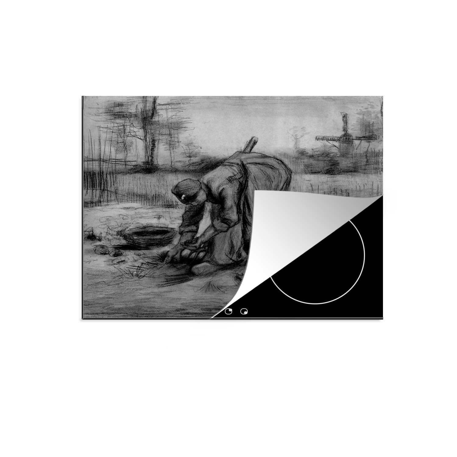 MuchoWow Herdblende-/Abdeckplatte Bäuerin bei der Kartoffelernte - Vincent van Gogh - Schwarz und weiß, Vinyl, (1 tlg), 59x52 cm, Ceranfeldabdeckung für die küche, Induktionsmatte