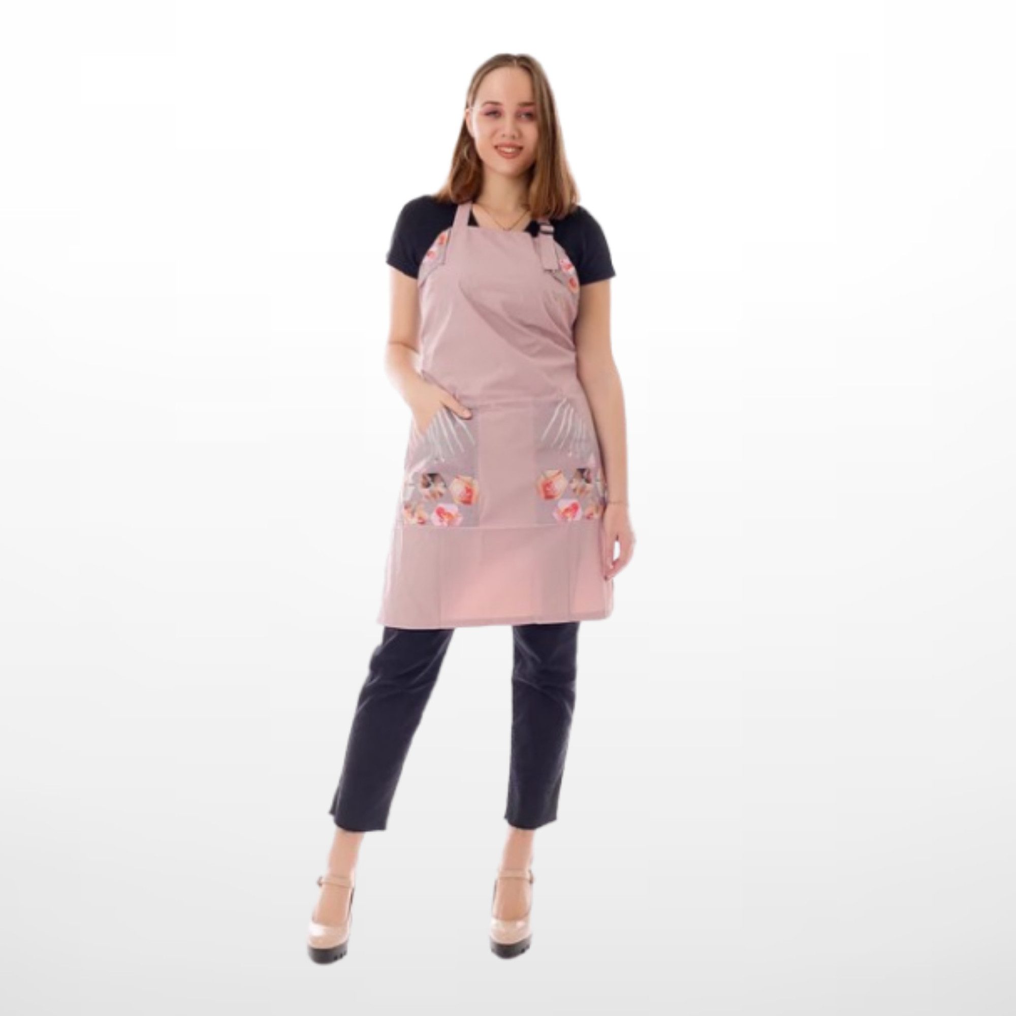 STM Company Kittelschürze Klassische Schürze mit farbigen Drucken & Taschen, Stylische Berufsschürze