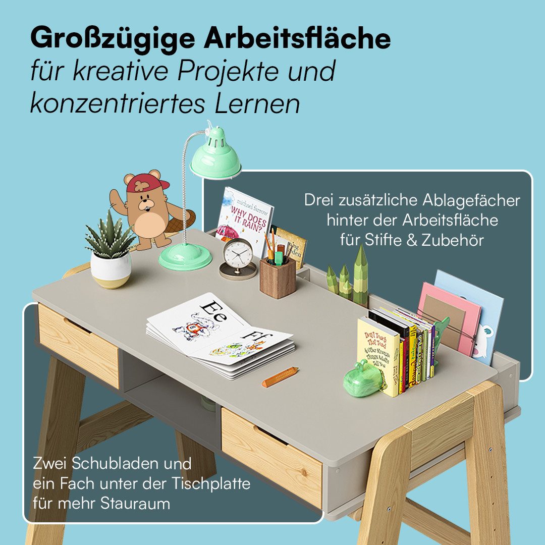 Bellabino Kinderschreibtisch Campo, höhenverstellbar 56-75 cm (mit Schubladen, 1 Ablagefach und 3 Aufbewahrungsfächer), beige/natur