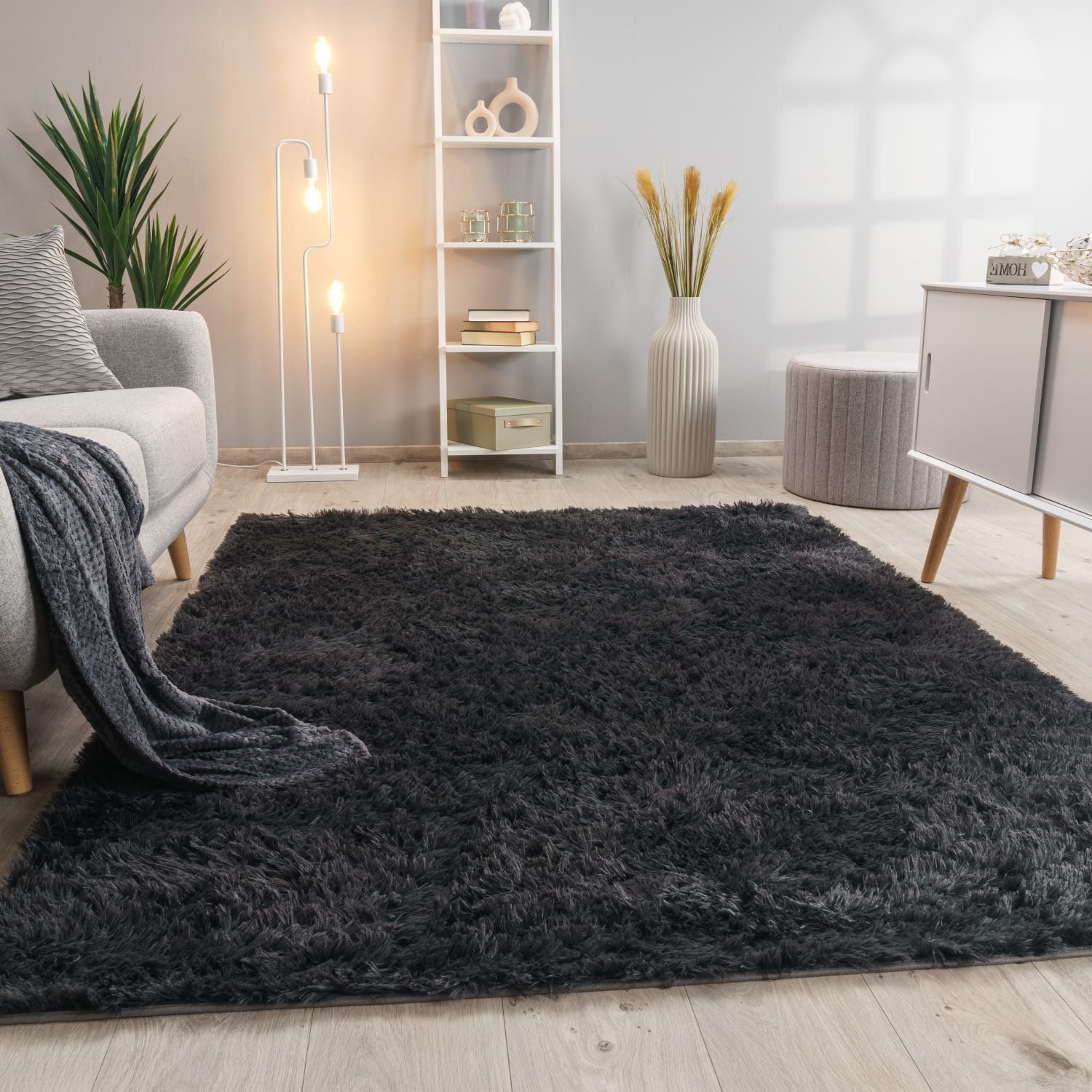 KADIMA DESIGN Teppich waschbar Unifarben Schlafzimmer Hochflor Teppich Shaggy, Läufer, Höhe: 37 mm, Florhöhe: 33 mm, 100% Polyester, Läufer, 80x150cm, Anthrazit