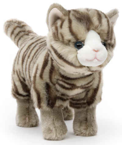 Uni-Toys Kuscheltier Katze mit Stimme (grau-getigert), stehend - 35 cm (Länge) - Plüschtier, zu 100 % recyceltes Füllmaterial