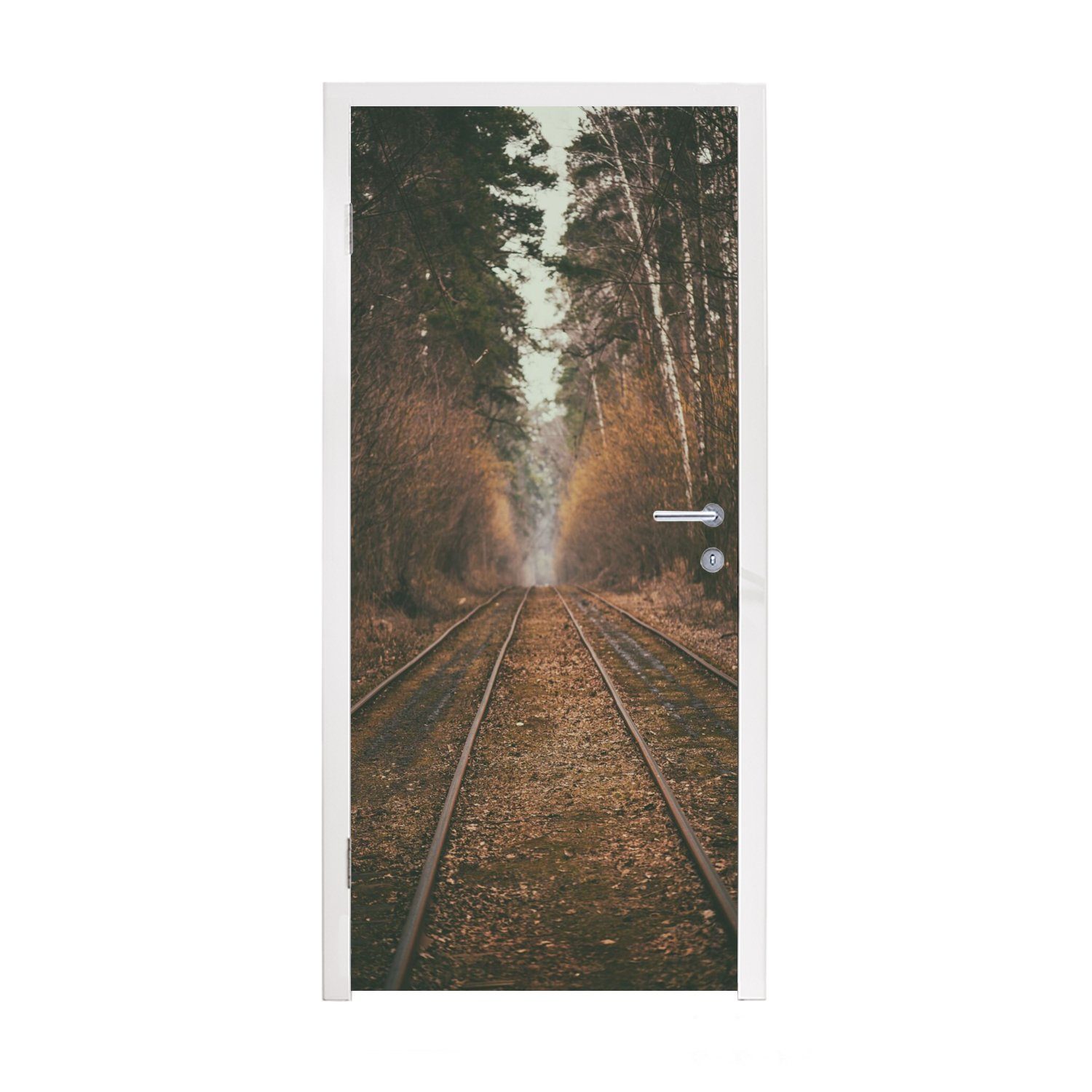 MuchoWow Türtapete Bahnstrecke - Weg - Wald - Baum, Matt, bedruckt, (1 St), Fototapete für Tür, Türaufkleber, 75x205 cm