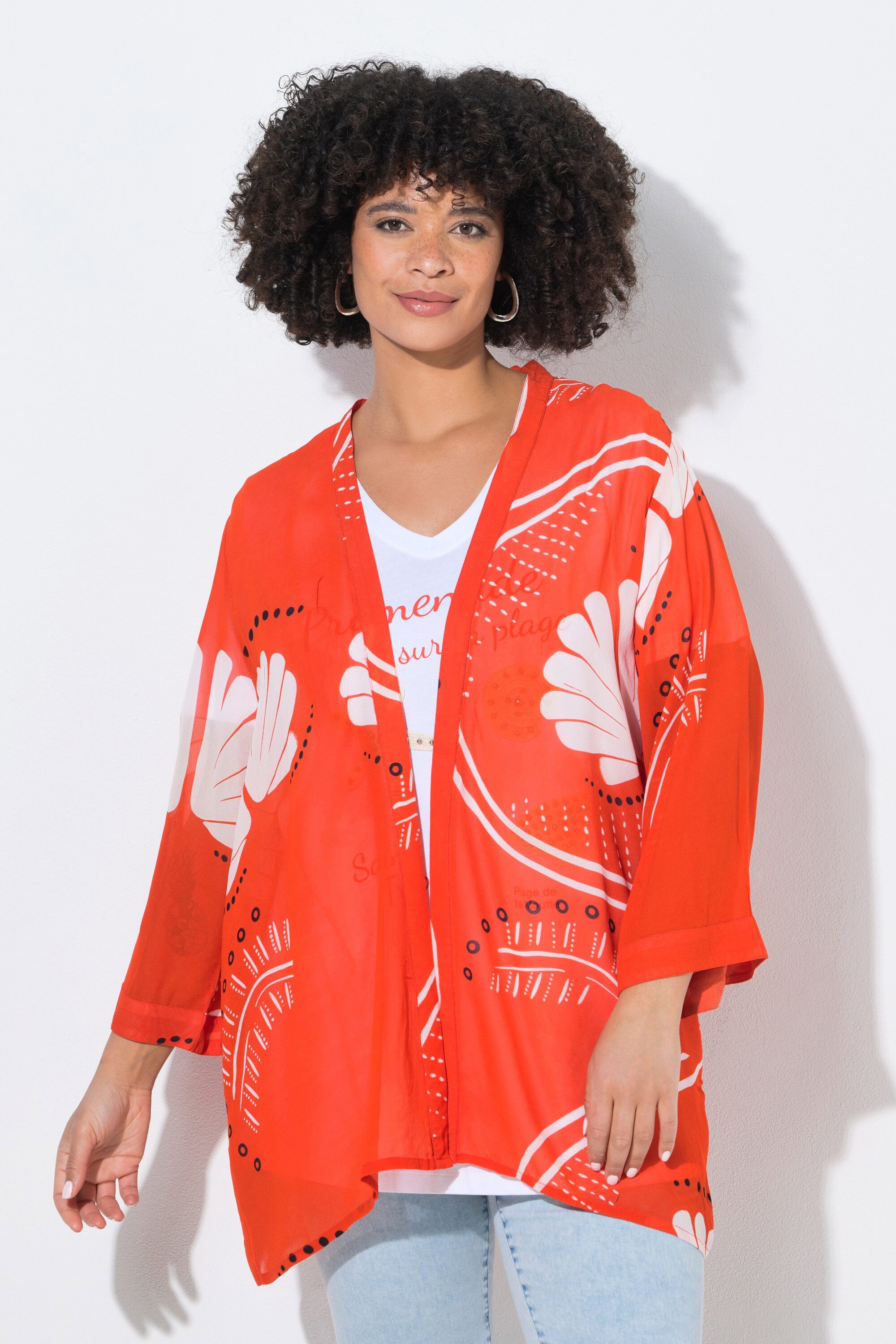 Longbluse Kimono Allovermuster offene Jacke 3/4-Ärmel