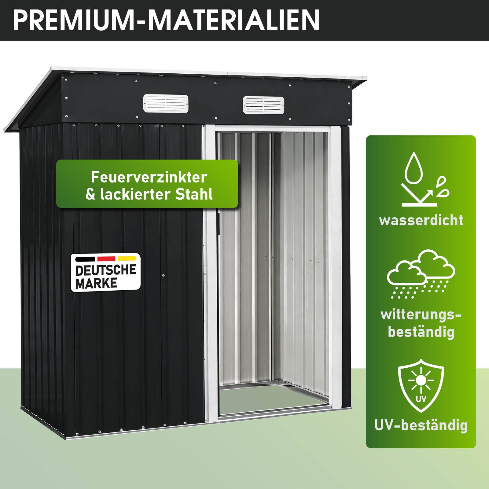 BRAST Gartenhaus Gerätehaus Geräteschuppen Metall, TÜV geprüft, viele Größen, BxT: 163x89 cm, mit Pultdach & Schiebetür, wetterfest wasserdicht