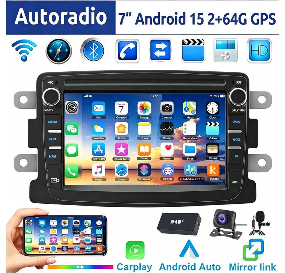 ESSGOO 7" Android 15 Für Renault Captur Dacia Duster Dokker Logan Sandero Autoradio (RDS, 2+64GB(optional), FM, DAB+ (optional), GPS Navi Carplay Android Auto Bluetooth EQ USB WIFI Touchscreen SWC)