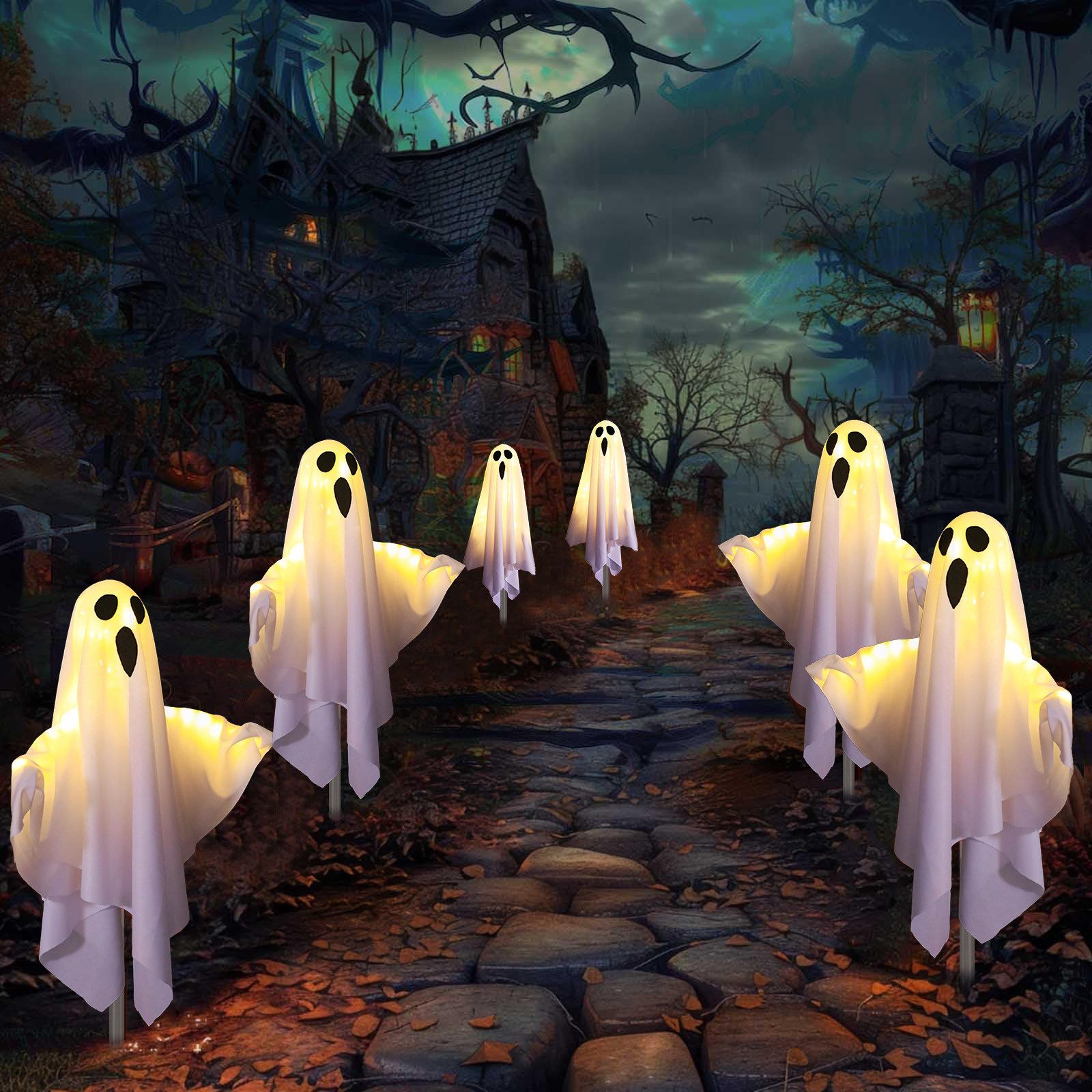 Jibenhome LED Dekolicht 6er Set Solar Geisterlicht Halloween Outdoor Solar Gartendeko, Warmweiß, Wasserdicht,8 Beleuchtungsmodi,Dämmerung bis Morgengrauen