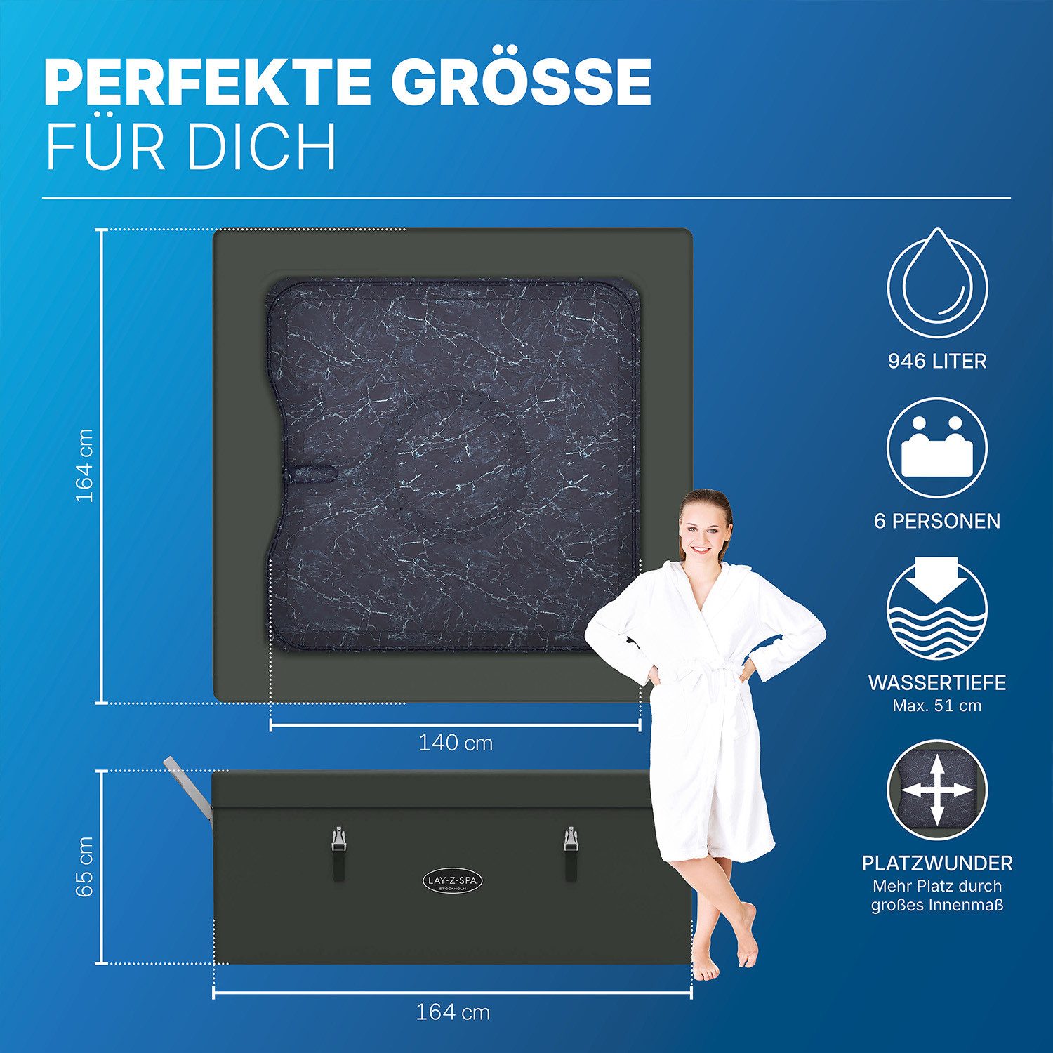 Bestway Whirlpool LAY-Z-SPA® ThermaCore™ Stockholm AirJet™, (Set, 1-tlg., Inkl. App-Steuerung, für max. 6 Personen), 164 x 164 x 65 cm