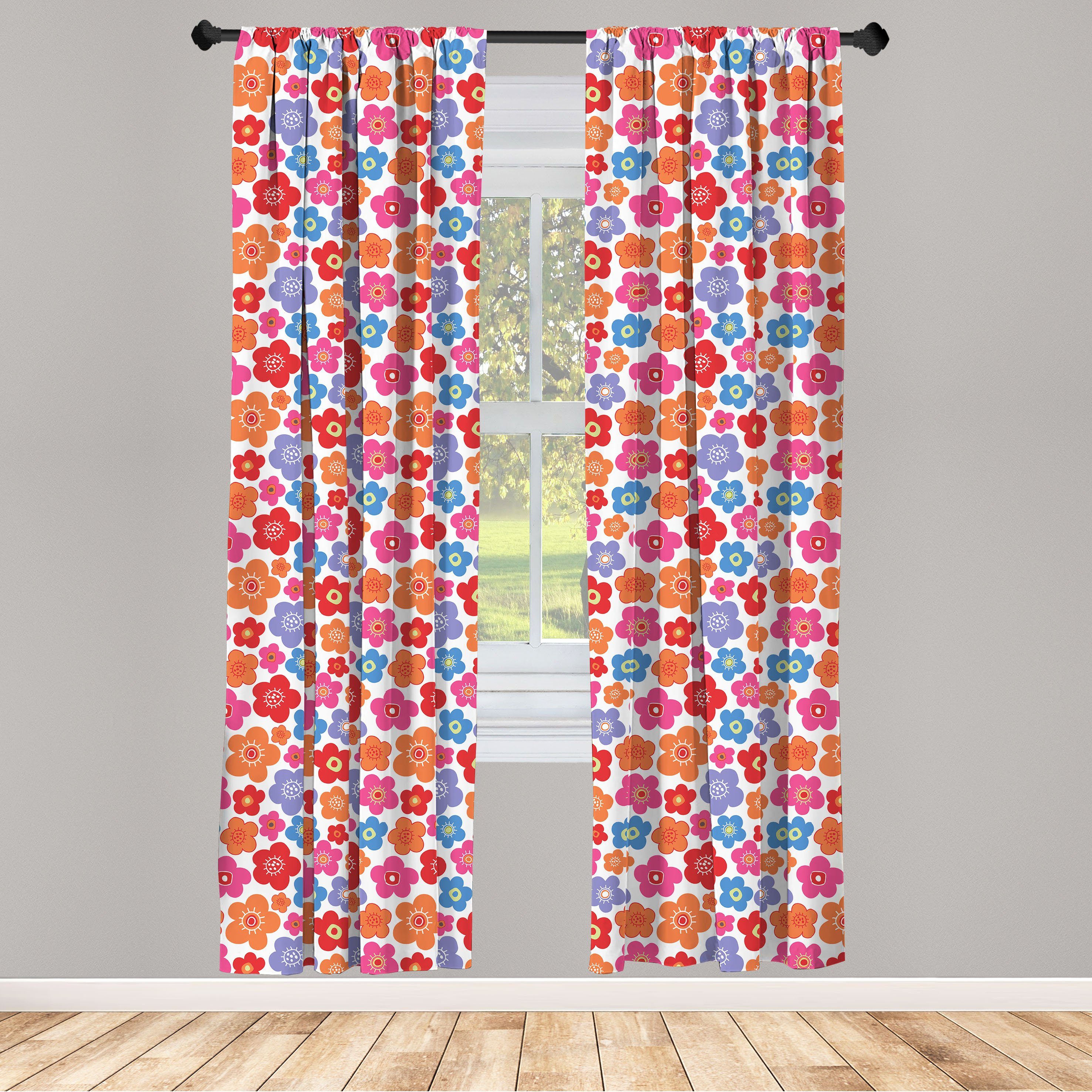 Gardine Vorhang für Wohnzimmer Schlafzimmer Dekor, Abakuhaus, Microfaser, Bunt Blumen in Doodle Stil