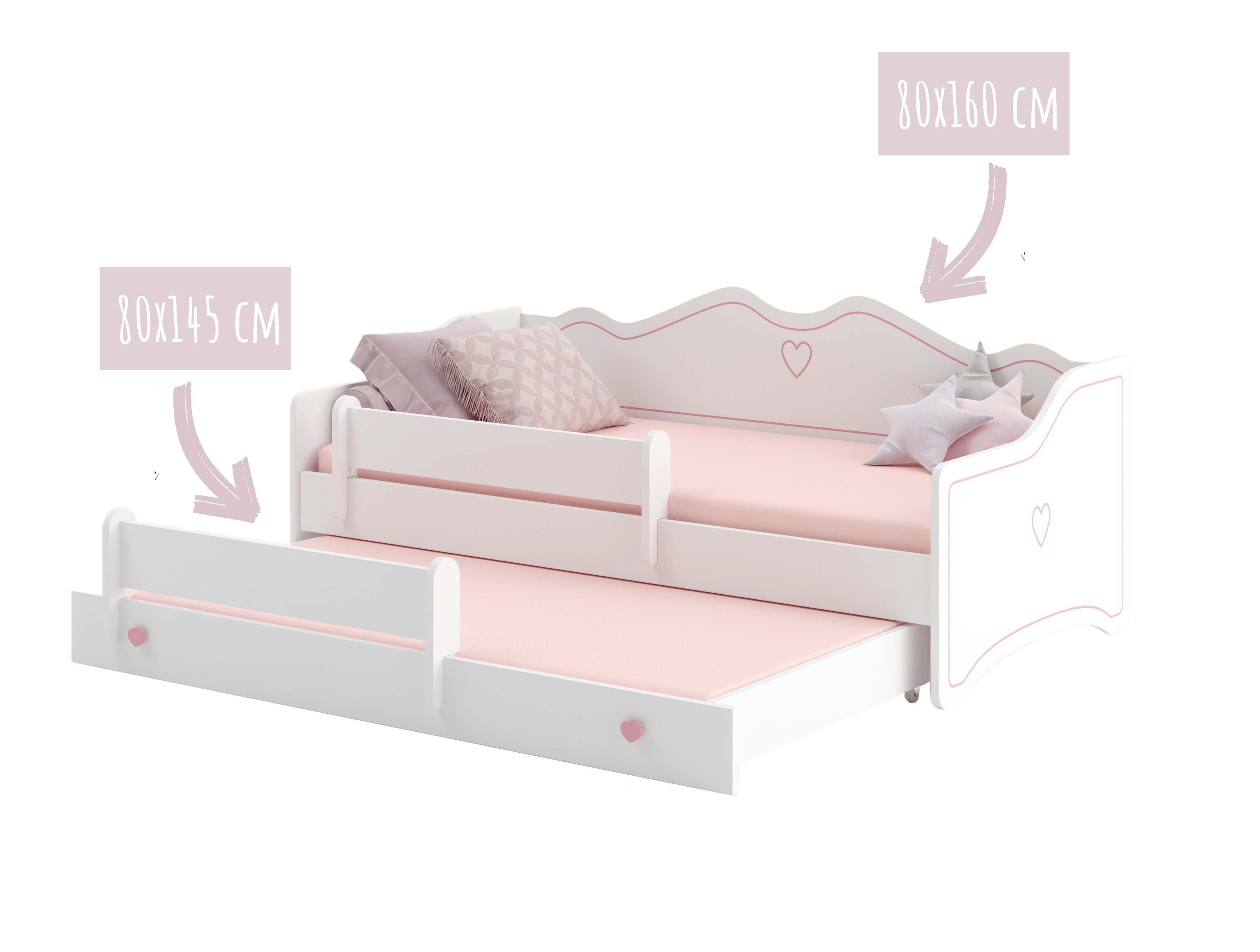 Kids Collective Kinderbett Mädchenbett 80x160 mit Ausziehbett & zwei Matratzen Kinderbett, Jugendbett Funktionsbett mit Rausfallschutz, Prinzessin weiß rosa