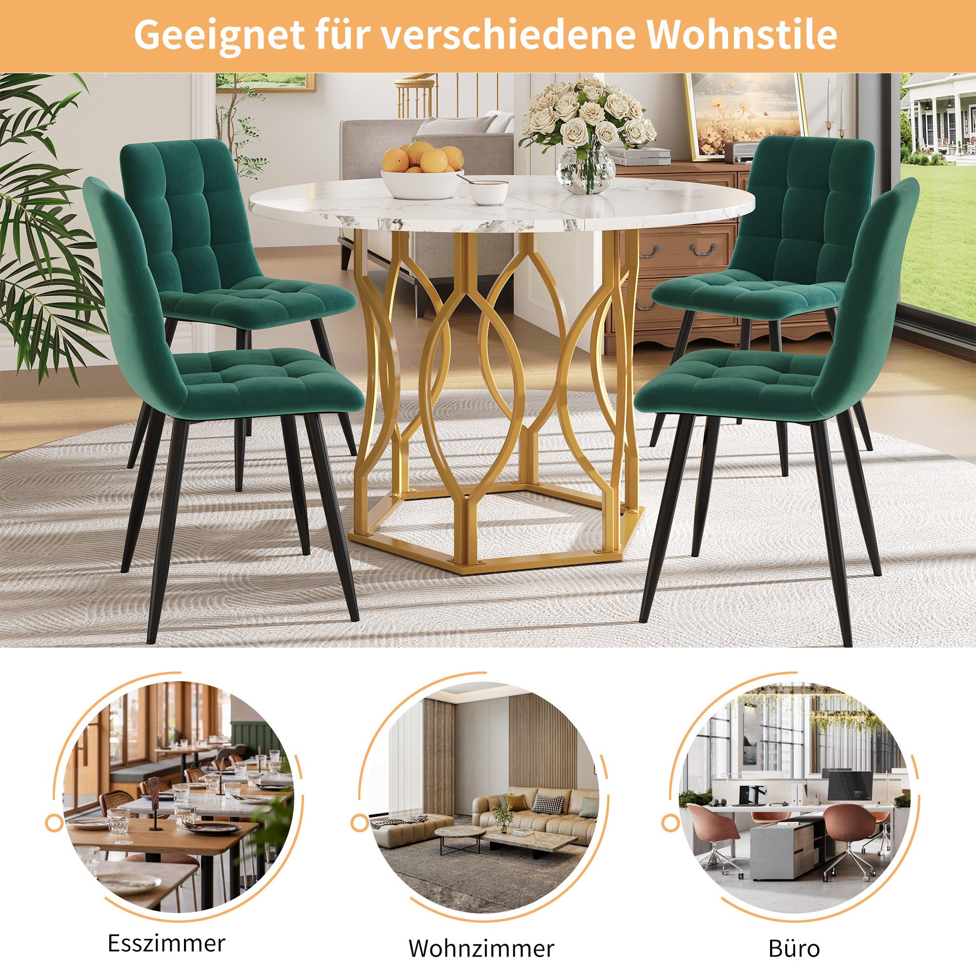 HAUSS SPOLE Essgruppe 5tlg Esstisch mit 4 Stühlen aus grün Samt, goldenen Metallbeinen, (5-tlg., 100*100*76cm)