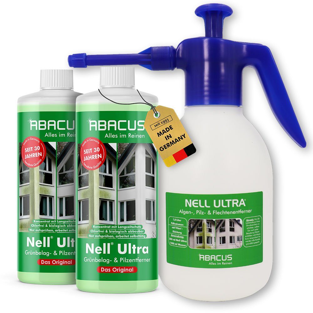 ABACUS Nell Ultra Algenentferner, Grünbelagentferner mit 1,8L Sprühflasche Grünbelagentferner (Bekannt aus QVC, [3-St. Ergiebiges Konzentrat Selbsttätig mit Langzeitschutz)