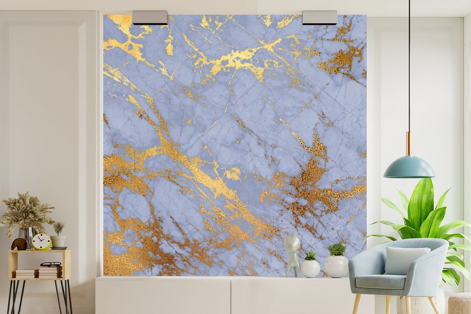 MuchoWow Blau Fototapete Matt, Schlafzimmer, Tapete - Wandtapete bedruckt, Muster Wohnzimmer - (5 St), Vinyl - Marmor Gold, oder für